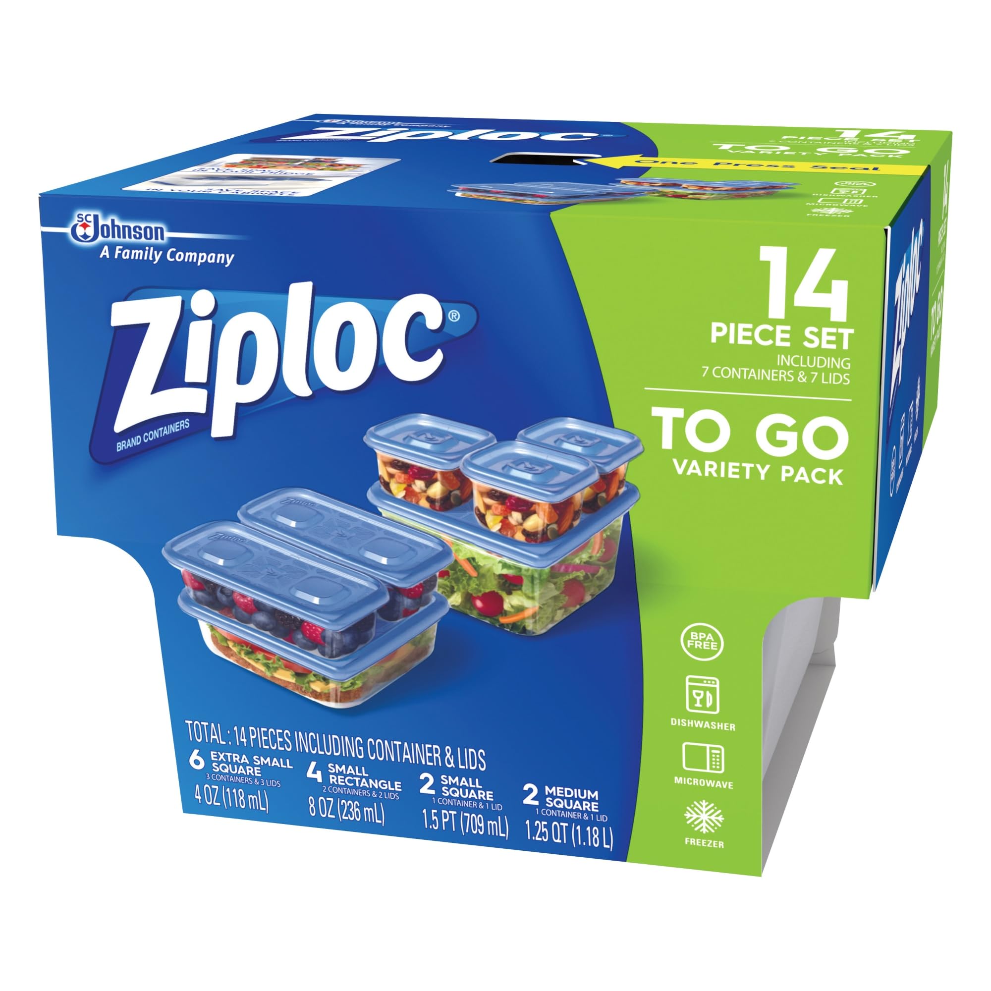 Ziploc Food Storage Meal Prep Containers with One Press Seal, For Travel & Organization, Dishwasher Safe, 14 Piece Set (Variety Pack)