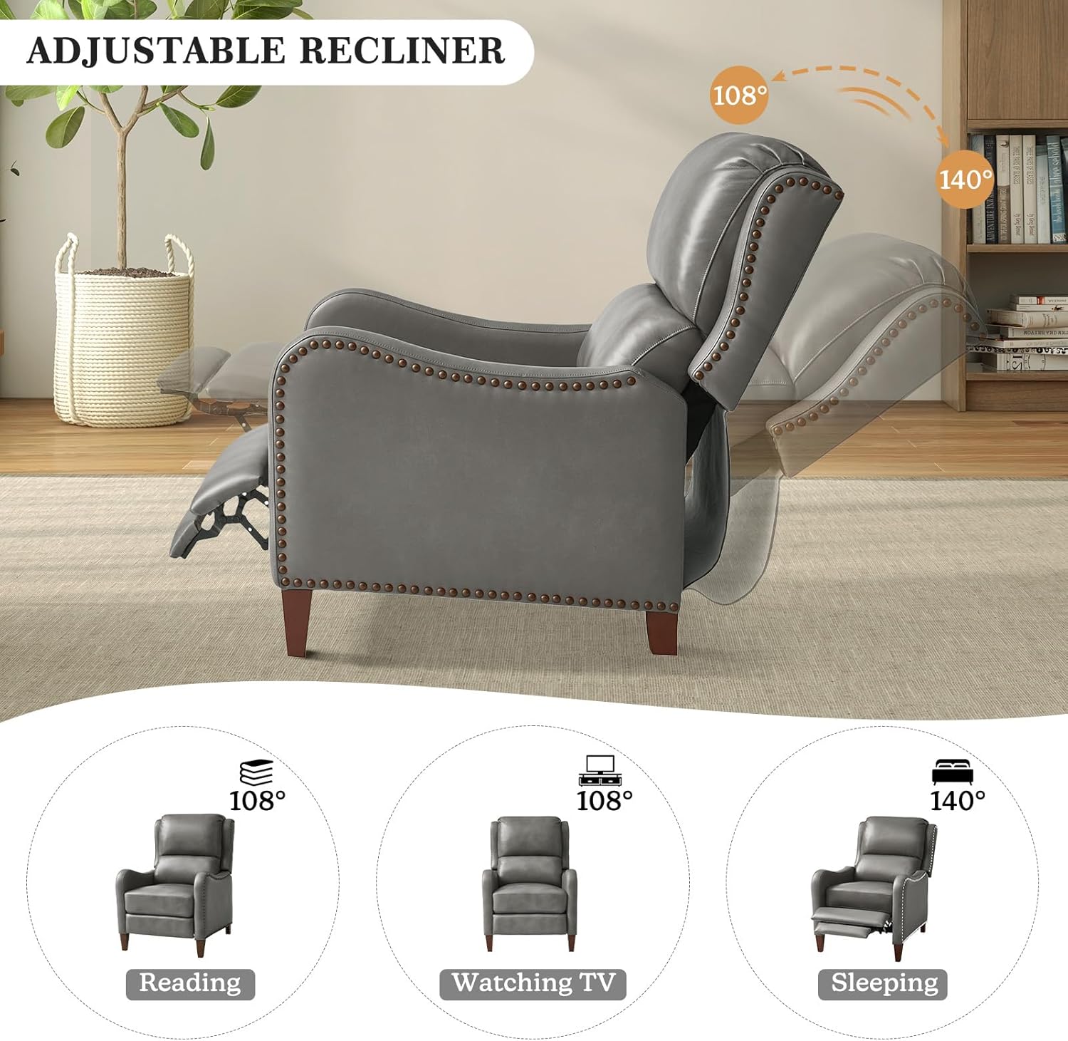 TINA'S HOME Genuine Leather Recliner Chair, Mid-Century Modern Push Back Recliner Chair with Wood Feet & Armrest, Headrest & Lumbar Support for Living Room, Bedroom, Dove