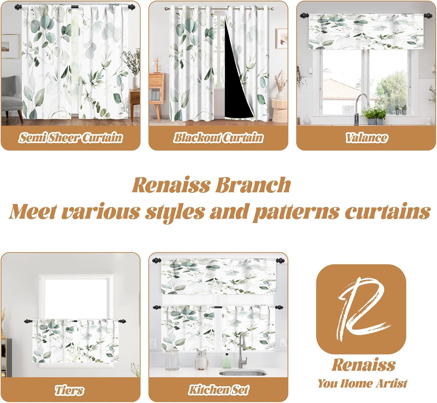 Renaiss 52 x 108 Inch Sage Green Eucalyptus Blackout Curtains Drapes for Bedroom Living Room Spring Summer Leaf Decorative Curtain Grommet Window Treatment Decor Minimalist Aesthetic Curtains 2 Panels