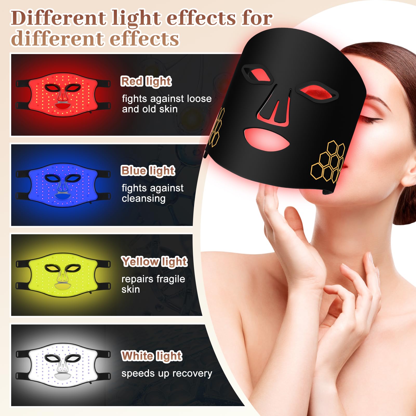 Masque facial à LED, Luckits masque de luminothérapie rouge avec 4 modes d'éclairage et télécommande, 216 ampoules LED, masque de luminothérapie infrarouge flexible en silicone pour visage les rides
