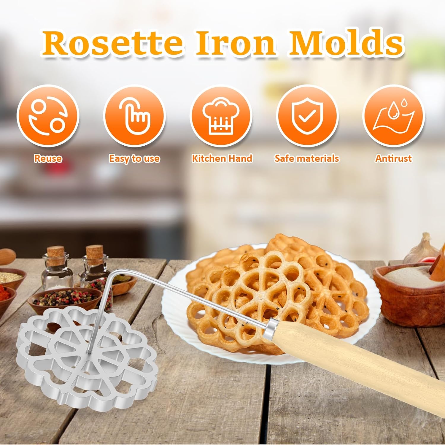 Bunuelos Mold with Handle Detachable Rosette Iron Mold Flower Bunuelos Cookie Maker Molds Cast Aluminum Rosette Maker for Kitchen Baking Cooking 4.8 inches (1 pc)