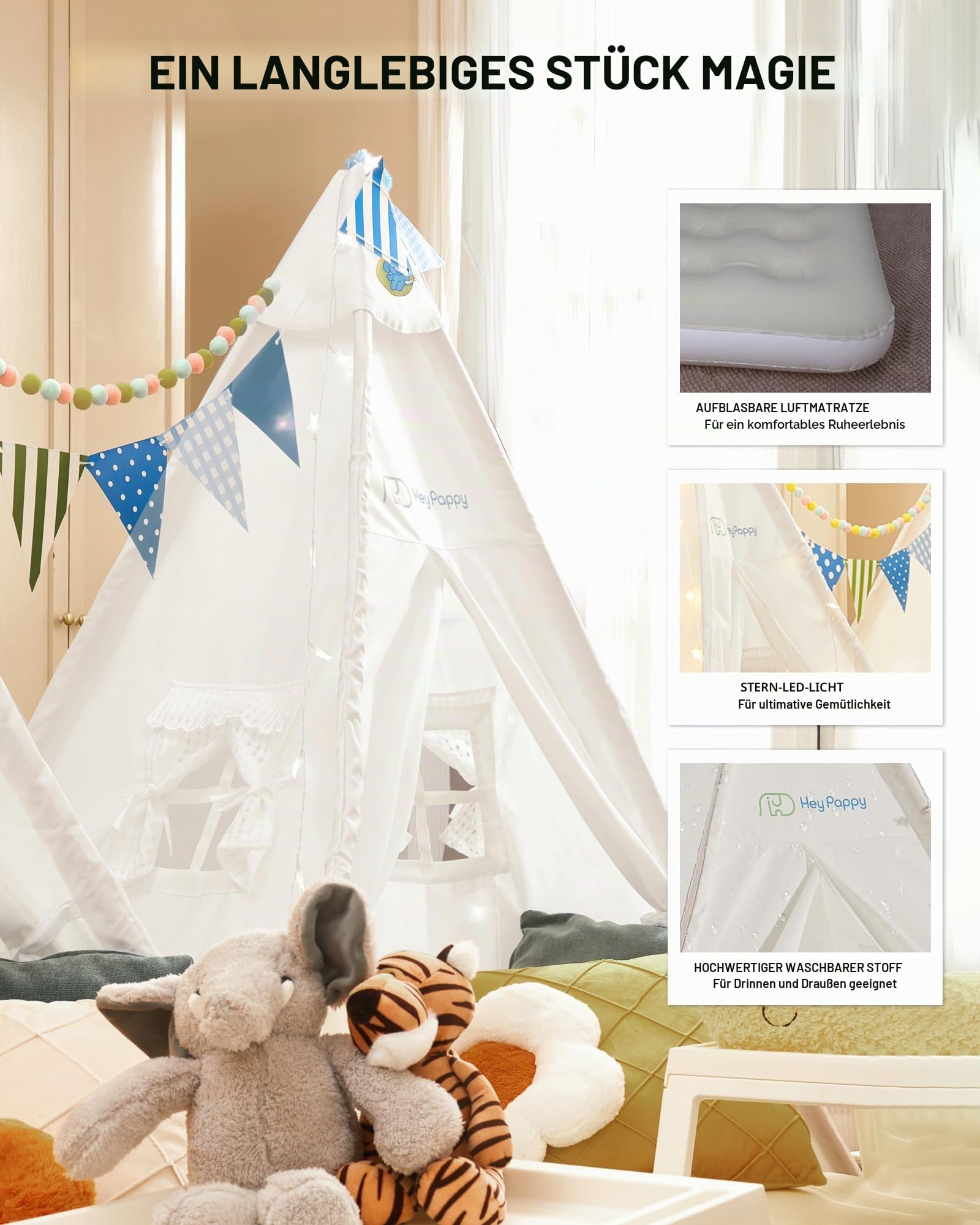 Heypappy Tipi Zelt für Kinder,Waschbares Tippi Kinderzelt Indoor inkl.Luftbett, Lichterkette & Ballons - Spielzelt für Drinnen/Draußen als Spielhaus für Mädchen/Jungen (Weiß)