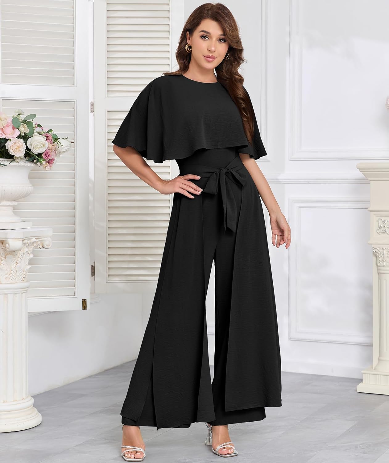 Jumpsuits for Women Dressy Casual One-Piece Outfits Elegant Formal Cape Belted Wide Leg Rompers Evening Pantsuits - Image 5