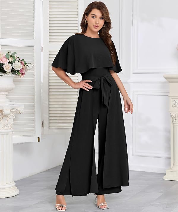 DGHBVS Black jumpsuits for Women Spring Summer Dressy Formal Jumpers Cape Sleeve Wide Leg Pantsuits One Piece Outfits Gowns Trendy Travel Onesies S by DGHBVS - Used condition - Image 5