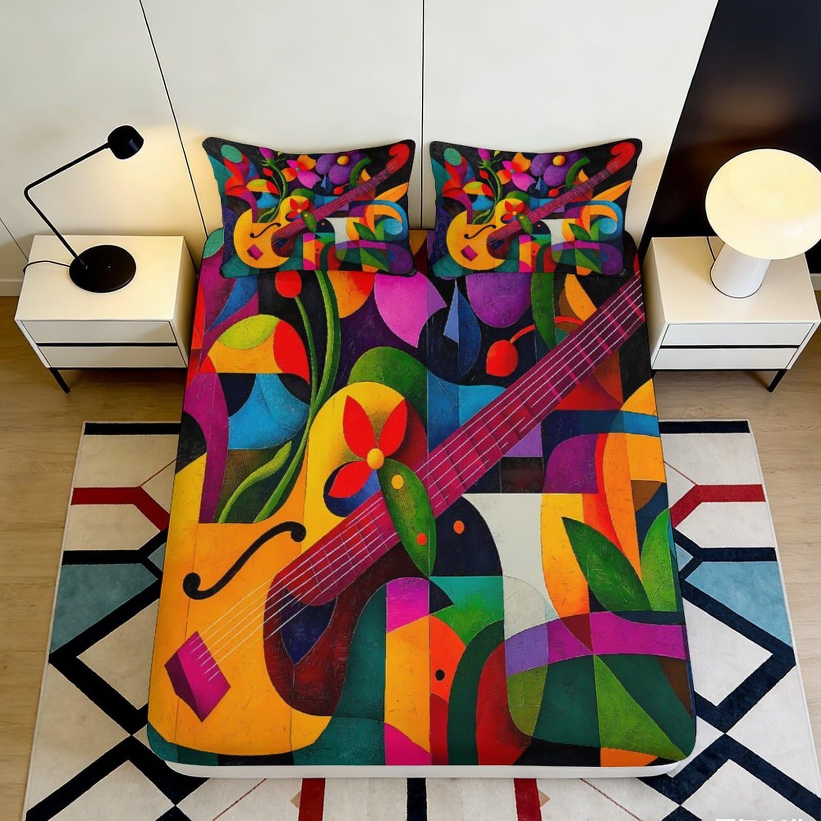 3D Printed Colorful Guitar Fitted Sheet Microfiber Deep Pocket Bedroom Bedding Non-Slip Colorful Guitar Mattress Fitted Cover 200x200x25cm 90x200x25cm