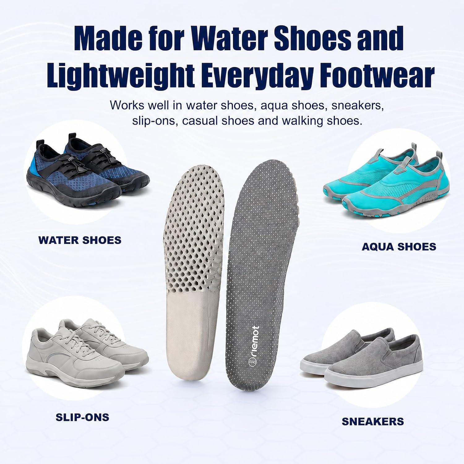 riemot Water Shoe Insoles for Men, Breathable Quick Dry Replacement Inserts with U-Shaped Heel Cup, Lightweight Low Profile Cushioning for Aqua Shoes, Sneakers,Casual Shoes Grey US11/ EU44
