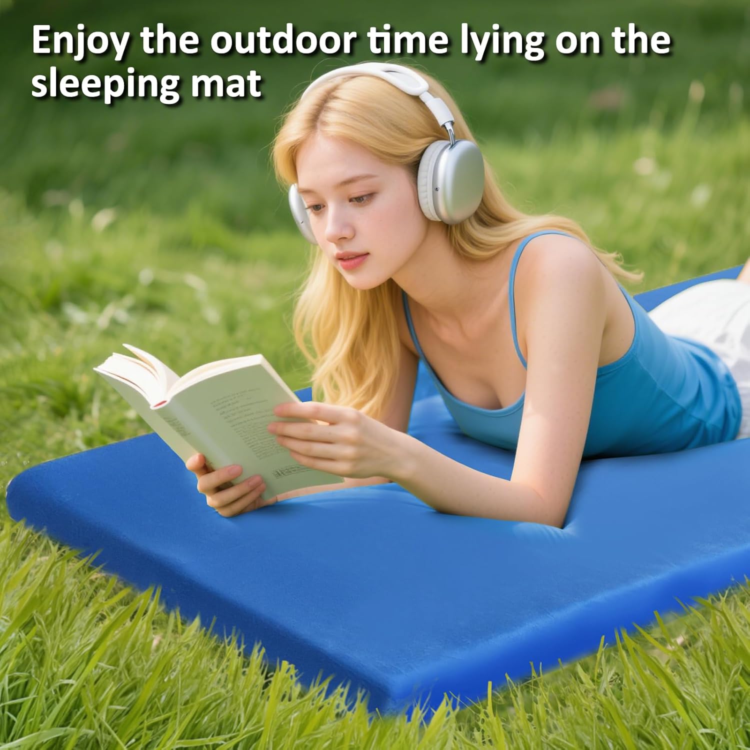 thick camping sleeping pad - lamb fluff camping cot pads for adult, soft sleeping mat, non-slip camping mattress pad for car tent blue