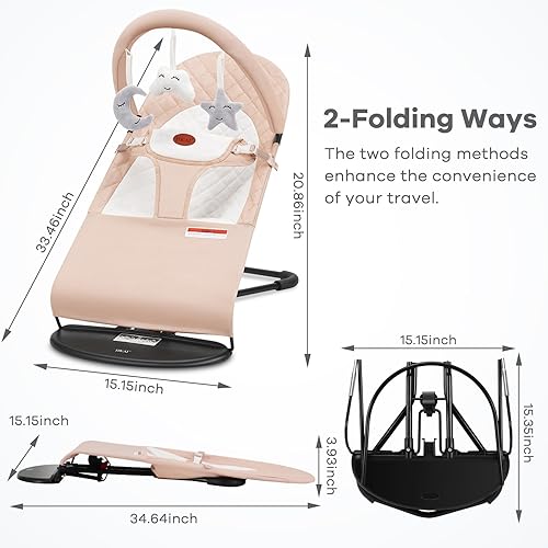 Miniatura 3 de HKAI Baby Bouncer, asiento portátil para bebés de 0 a 18 meses, telas 100% algodón, 3 modos de uso con opciones de balancín y estacionarias, silla