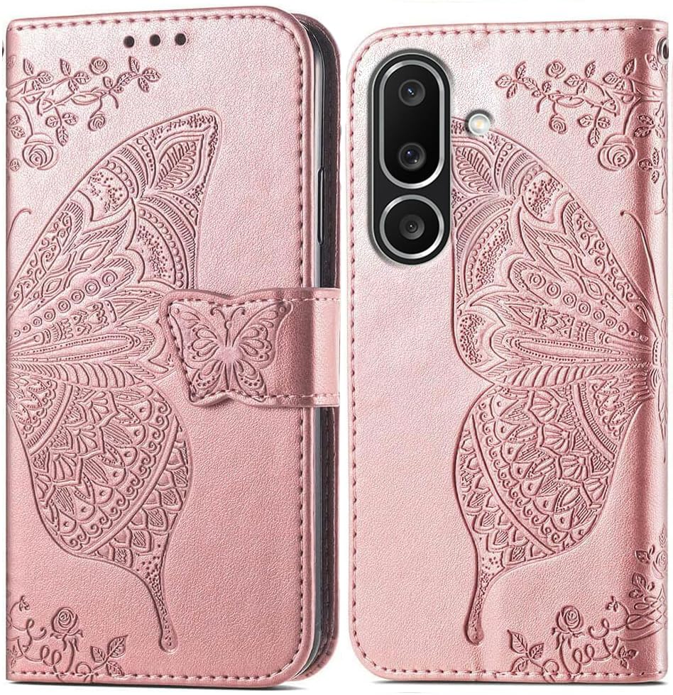 Image of ClickCase Butterfly Series for Samsung Galaxy M36 5G Leather Embossing Wallet Flip Case Kick Stand Magnetic Closure Flip Cover for Samsung Galaxy M36 5G (Rose Gold)