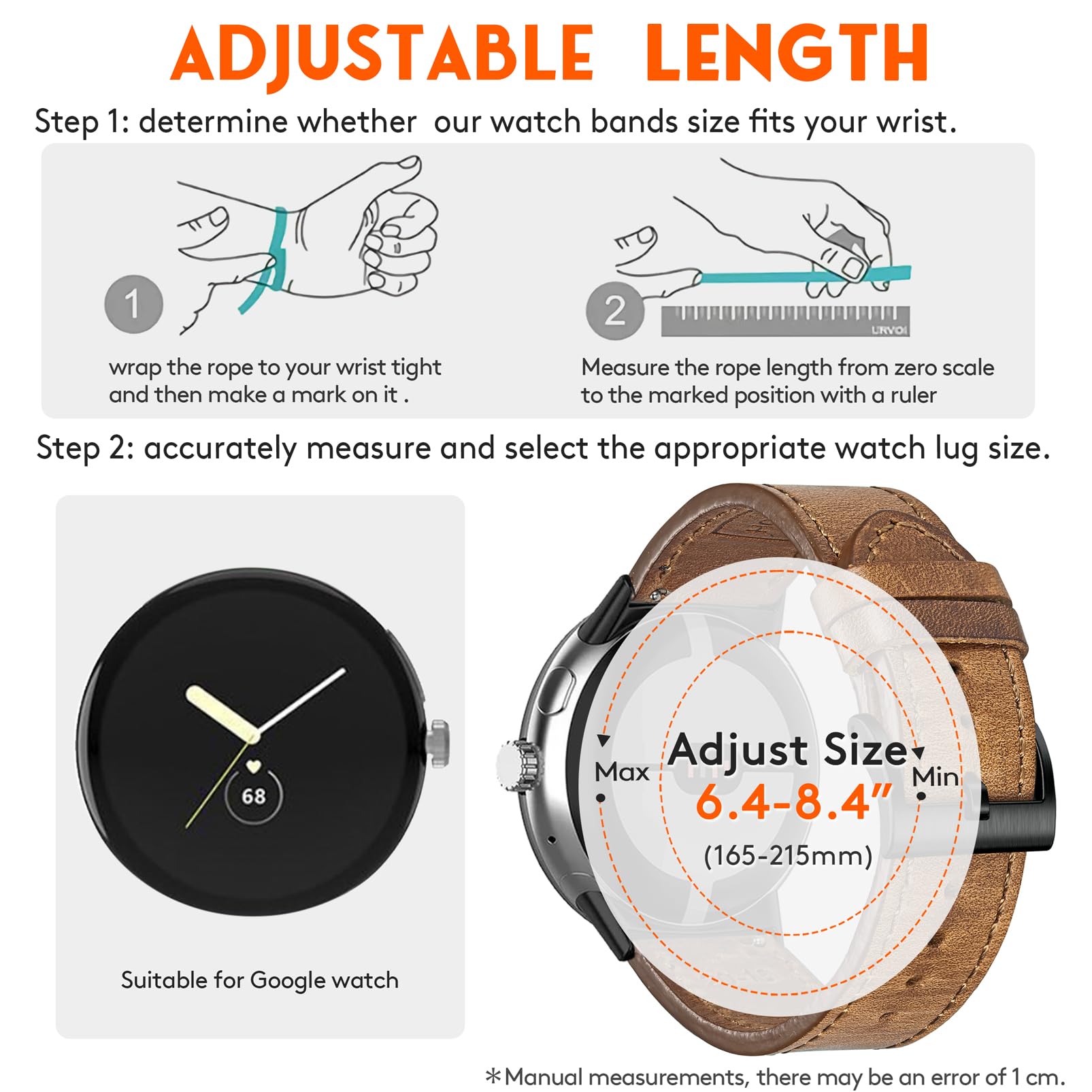 Miękki skórzany pasek do zegarka Horween kompatybilny z zegarkiem Google Pixe l/Pixel 2 / Pixel 3 41 mm/Pixel 3 45 mm/Pixel 4 41 mm/45 mm, pasek zastępczy do zegarków Pixel Smart Watch
