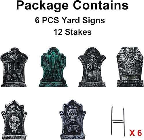 Miniatura 7 de Paquete de 10 lápidas de espuma para decoración de Halloween, lápidas de cementerio con 20 estacas de plástico para decoración de patio de Halloween