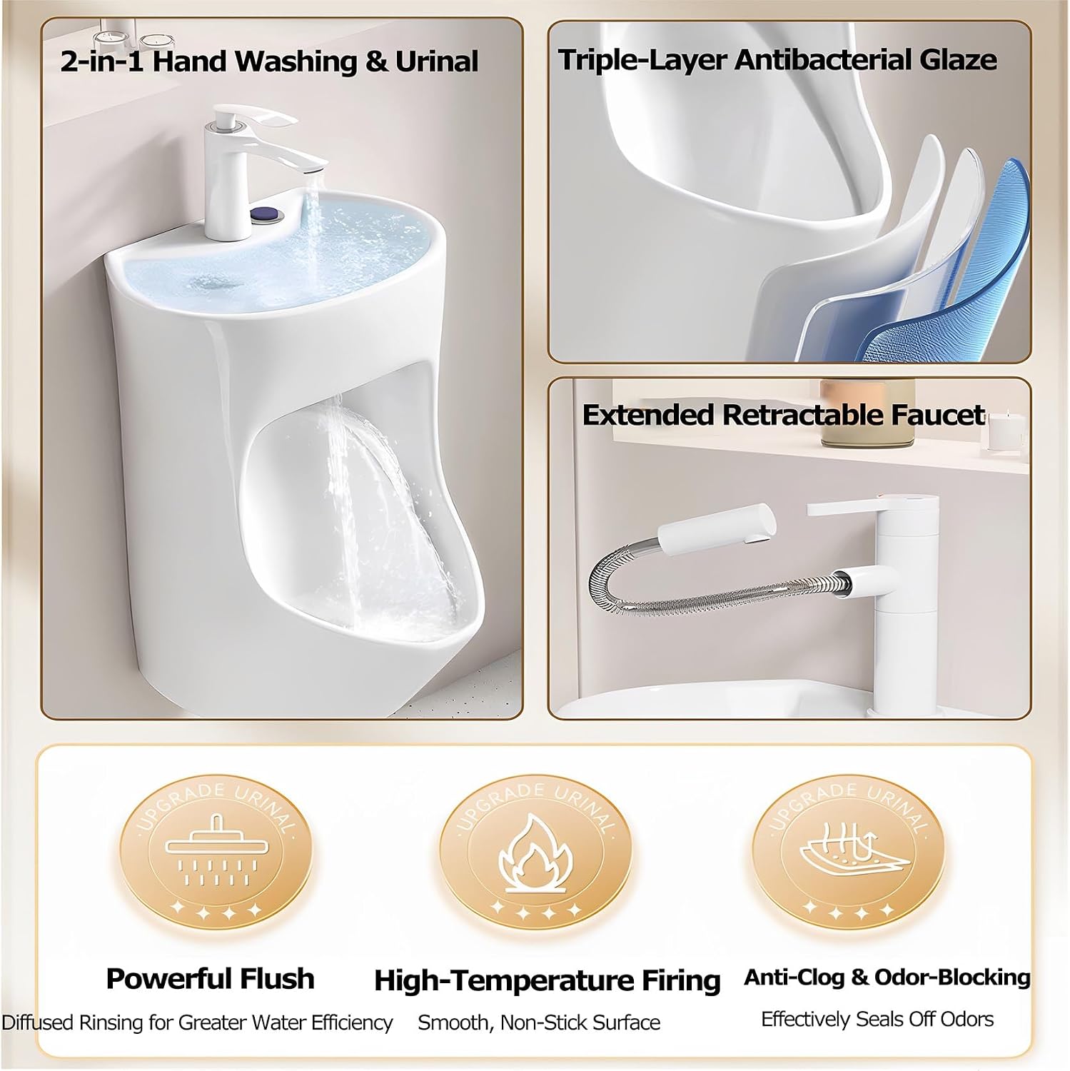 Ceramic Urinal for Men with Built-in Sink, Space-Saving Wall Mounted Men's Urinal Bathroom with Manual Flush Button & Pull-Out Faucet, Full Surface Rinse, for Home, Commercial & Garage