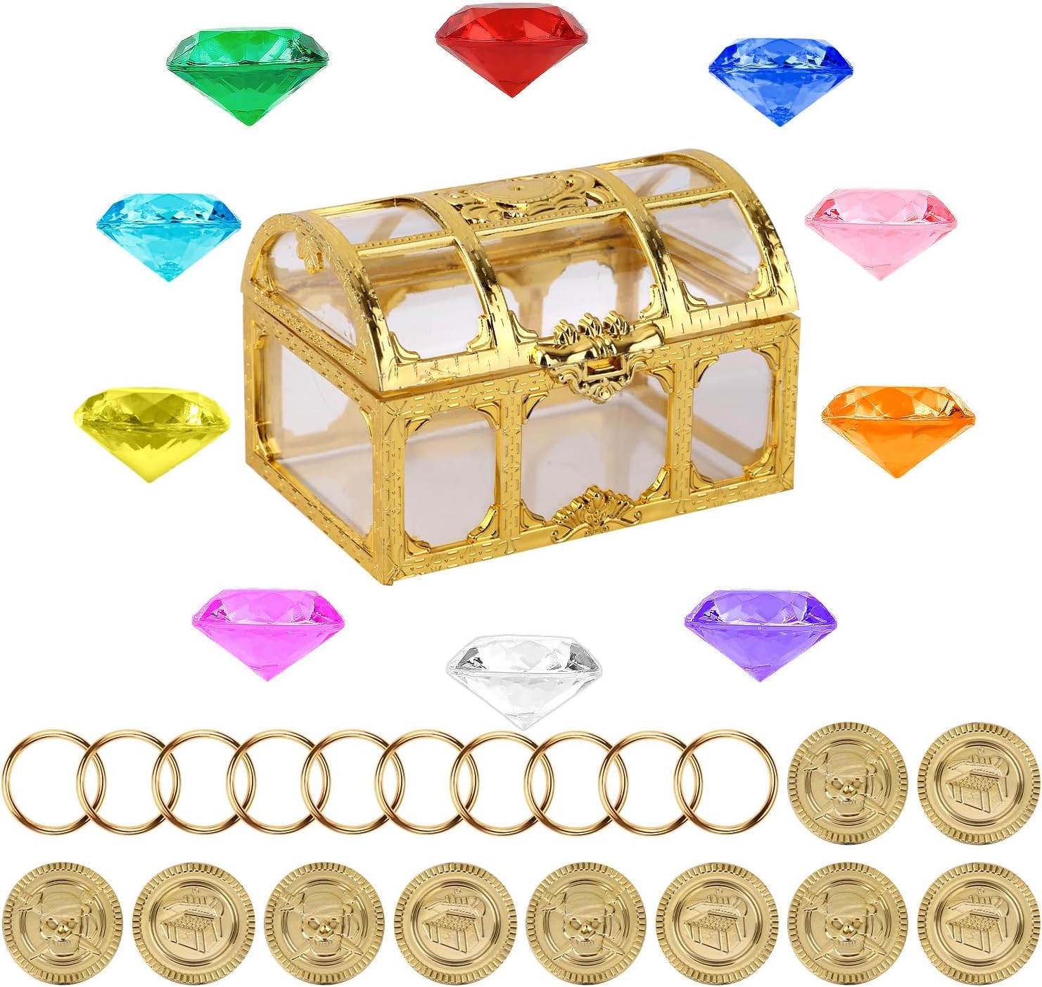 SAVITA Chaos Emeralds Treasure Set, Include 10pcs Diamond Gems & 10 Gold Power Rings & 10 Gold Coins with Treasure Chest for Party Favors Cake Decorations Jewels Hunt Games