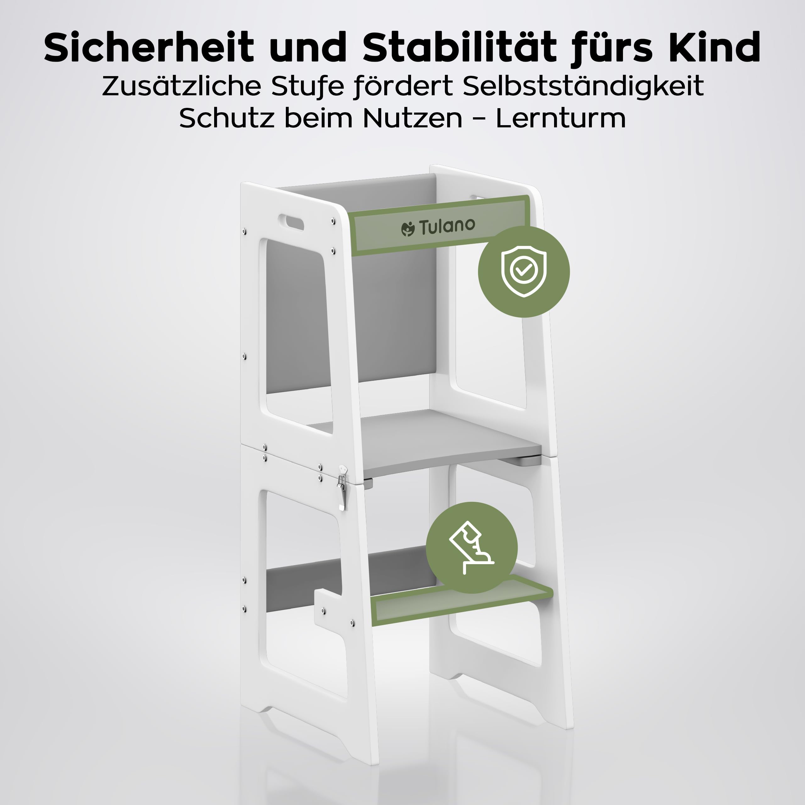 Tulano Mooby 35 Lernturm 3 in 1 für Kinder ab 1 Jahr - Stabil bis 60kg | Montessori Kitchen Helper umbaubar zu Tisch mit Stuhl & Maltafel - Kindermöbel aus MDF - Tritthocker Küche - Grau