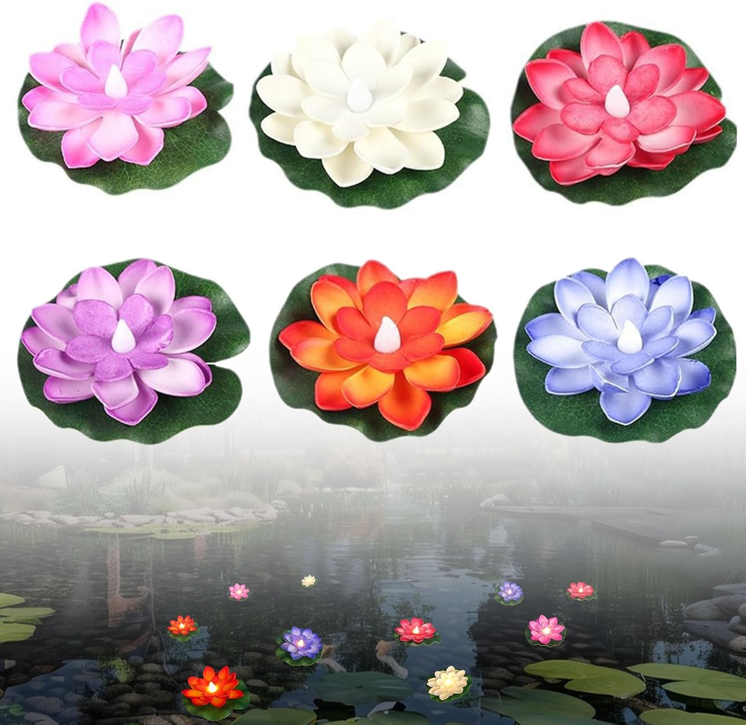 Ginger Tech Mixed 6Pcs Floating Lotus Light For Pond, 3.9" Solar Pond Lights Led Floating Flower Light Battery Operated Activated Water Lily For Garden, Yard, Swimming Pool, Pond, Fountain, Aquarium