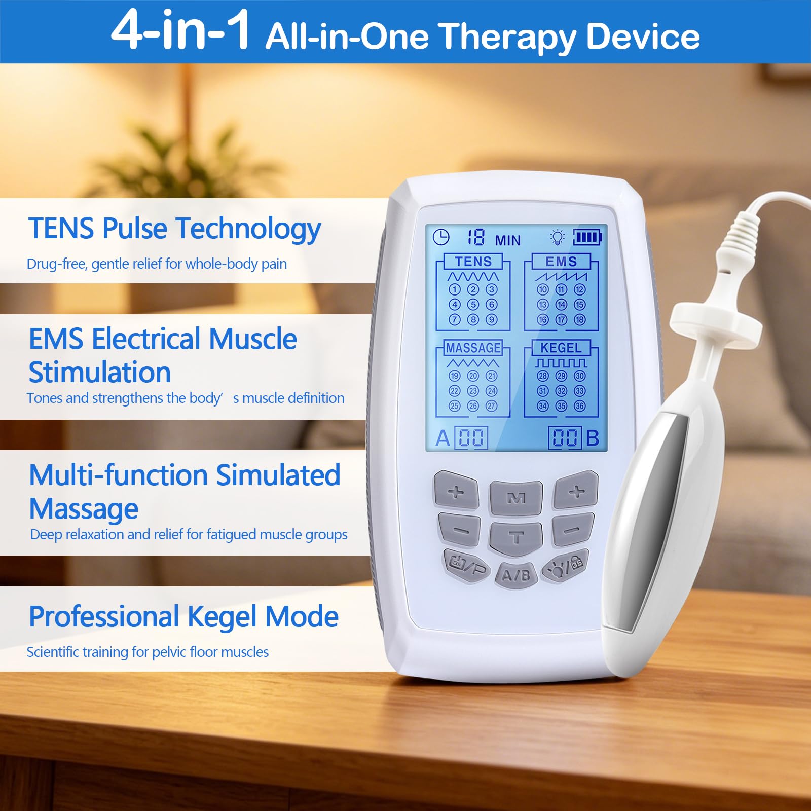 Allenatore per pavimenti pelvici 4-in‑1, TENS EMS per alleviare il dolore, 9 programmi a frequenza variabile per allenamento di stimolazione muscolare, massaggi e allenamento dei muscoli pelvici