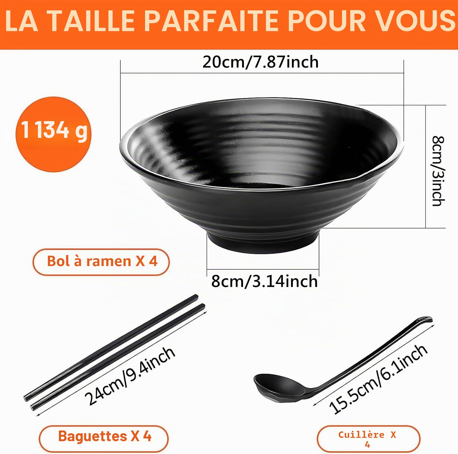 Lot de 4 bols à ramen japonais de 1200 ml avec baguettes et cuillères, bols à nouilles japonaises incassables en mélamine pour salade, céréales, riz, Pho, passent au lave-vaisselle (noir)
