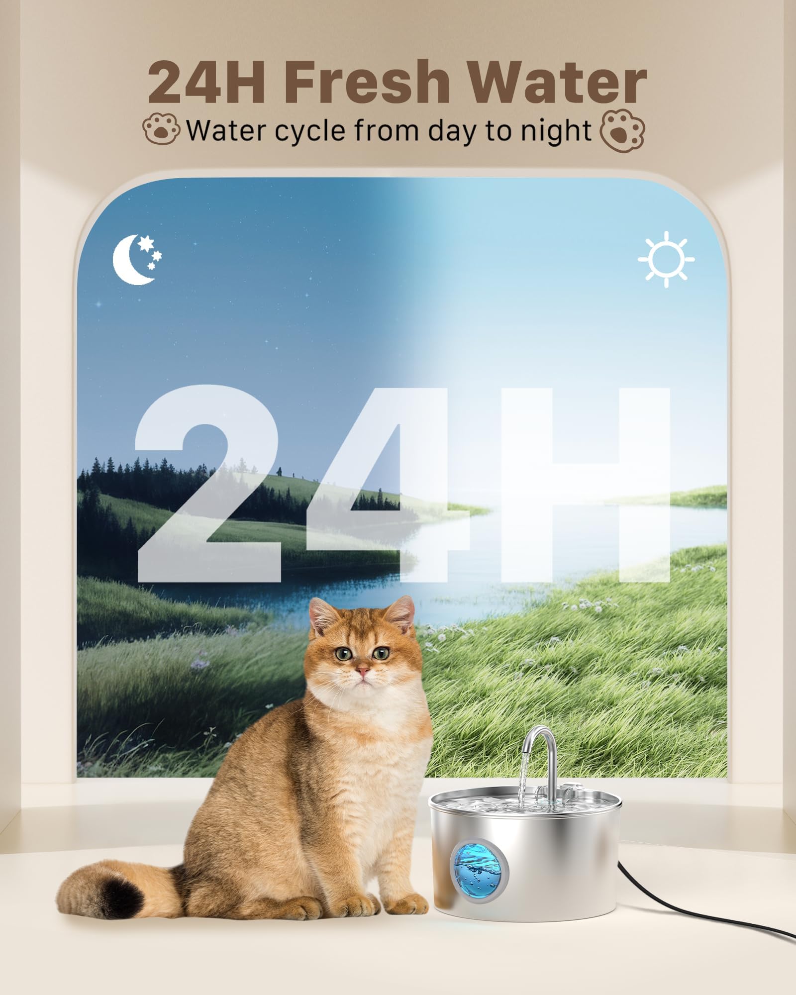 Fontanella per Gatti Acciaio: Fontana per Animali Domestici - 2.2L Fontanella Gatto - Super Silenzioso Dispenser Acqua - Mantiene l'acqua Fresca - con 6 Filtris + 3 Spugne