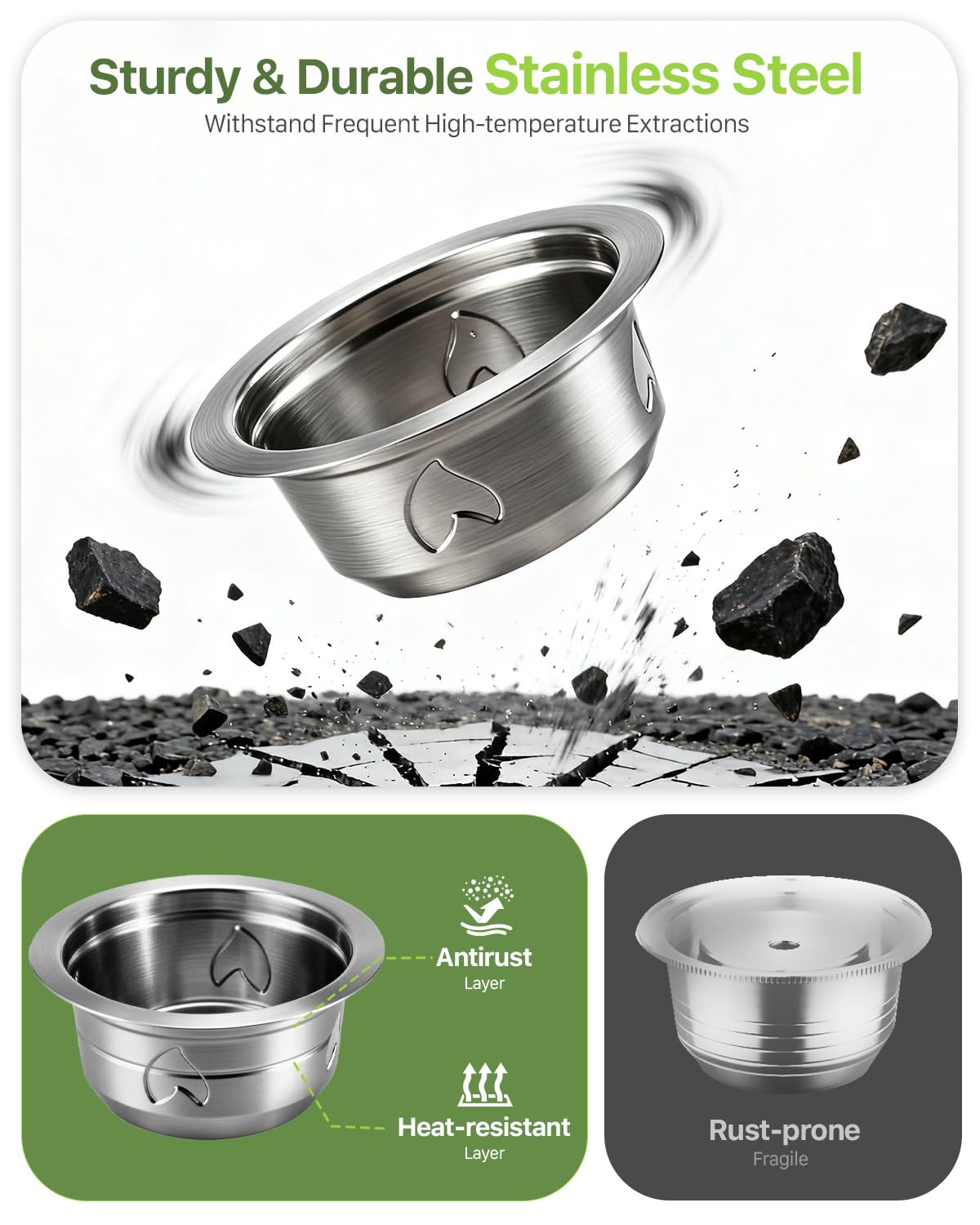 Grasseed Cápsula Vertuo recargable, kit de cápsulas Vertuo de acero inoxidable reutilizable con 100 tapas de aluminio, cuchara, cepillo, preparación de 7.8 onzas, compatible con máquina Vertuoline