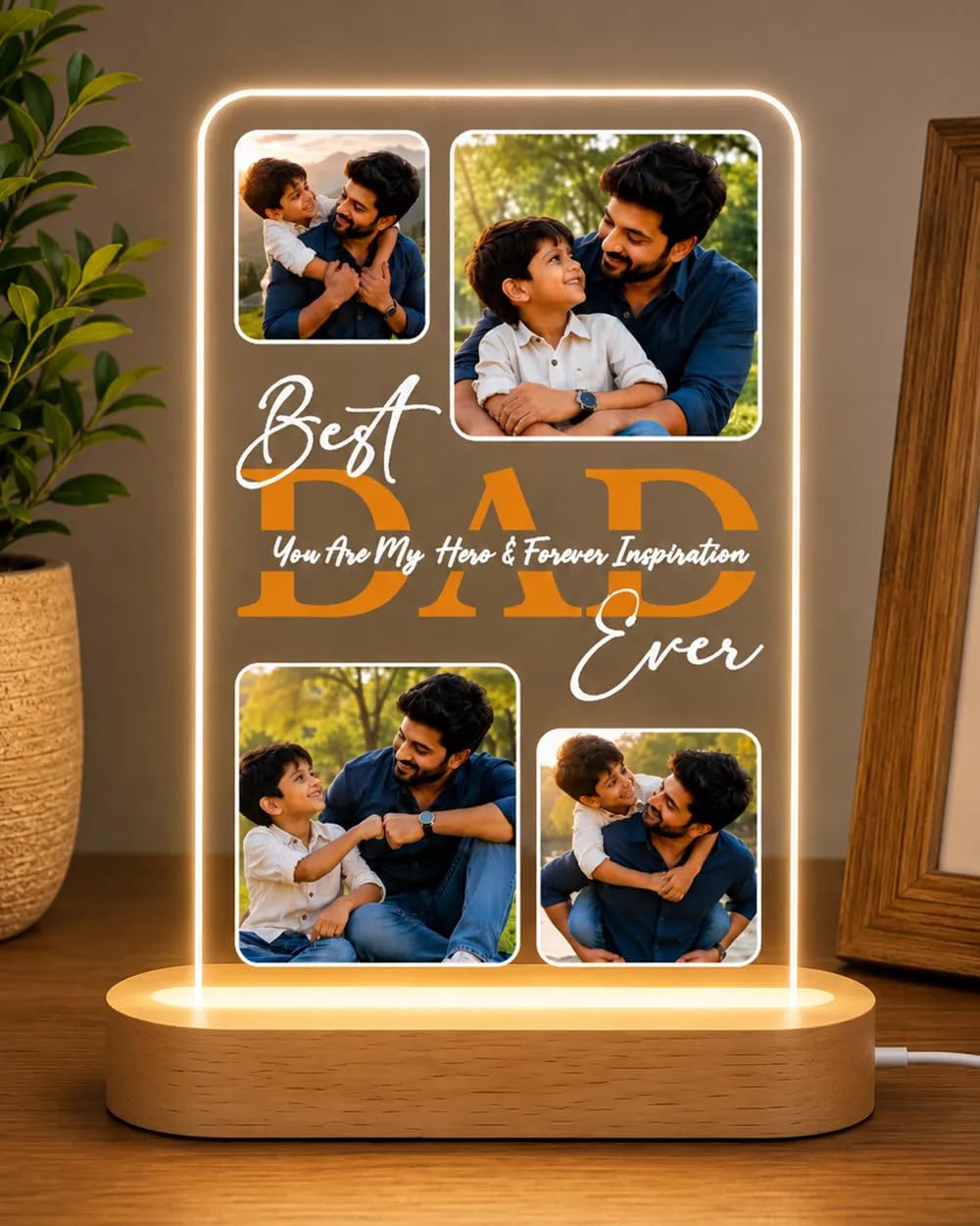 Personalized Father's Day Acrylic LED Lamp with 4 Custom Photos | Father Birthday Gifts | Fathers Day Gift for Dad | Unique Gifts for Father | LED Night Light with Wooden Base-picture-35