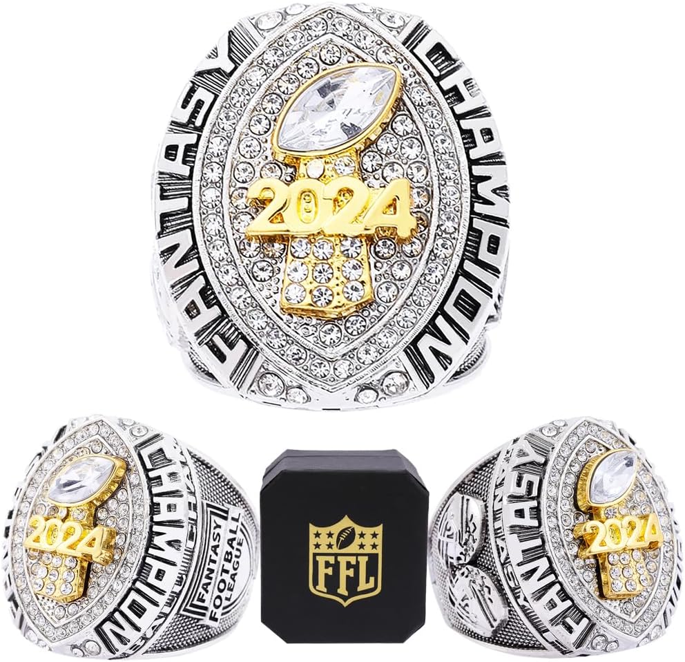 Fantasy Football Ring 2024 With Box | Heavy FFL Champion Ring | Gold Silver Tone Plated Award Trophy for Fantasy Football League Winner