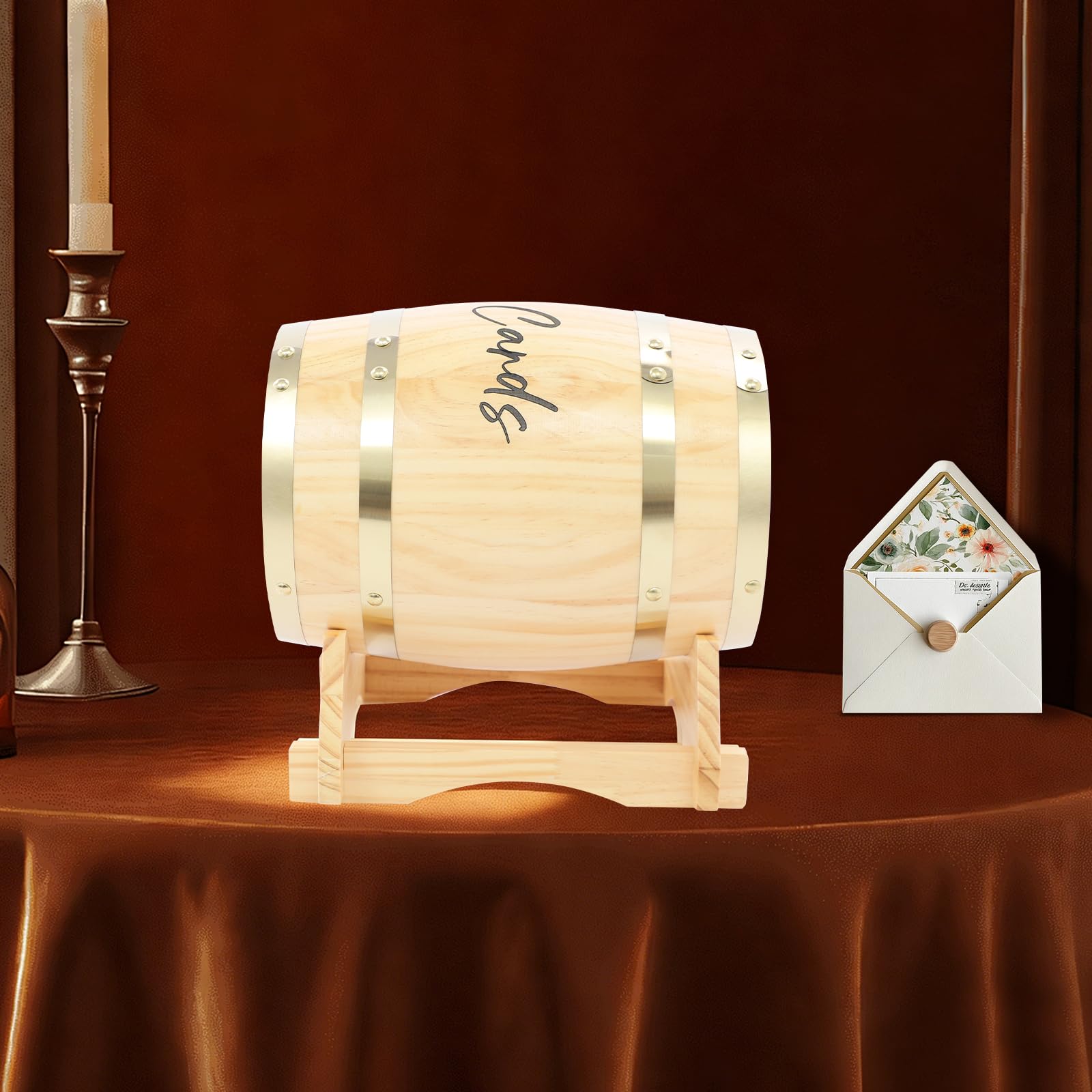 Kartenbox Hochzeit Holzfass, Kiefernholz für 150-250 Karten mit Sockel | Für Grußkarten, Umschläge und Gästebotschaften
