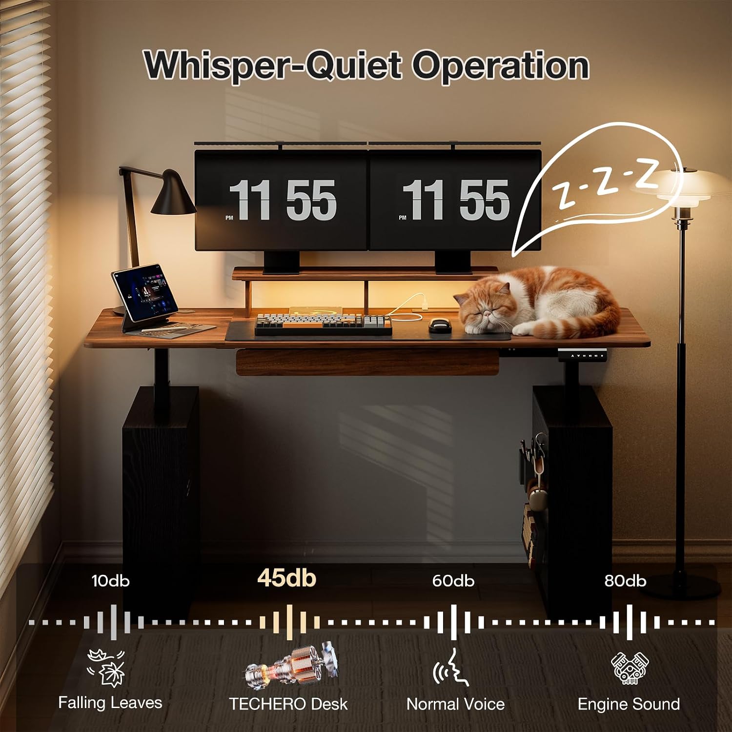 Image showing the intelligent LED controller and the desk's LED lighting in action, highlighting 7 static colors, 23 dynamic colors, cycle in turn, and app control features.