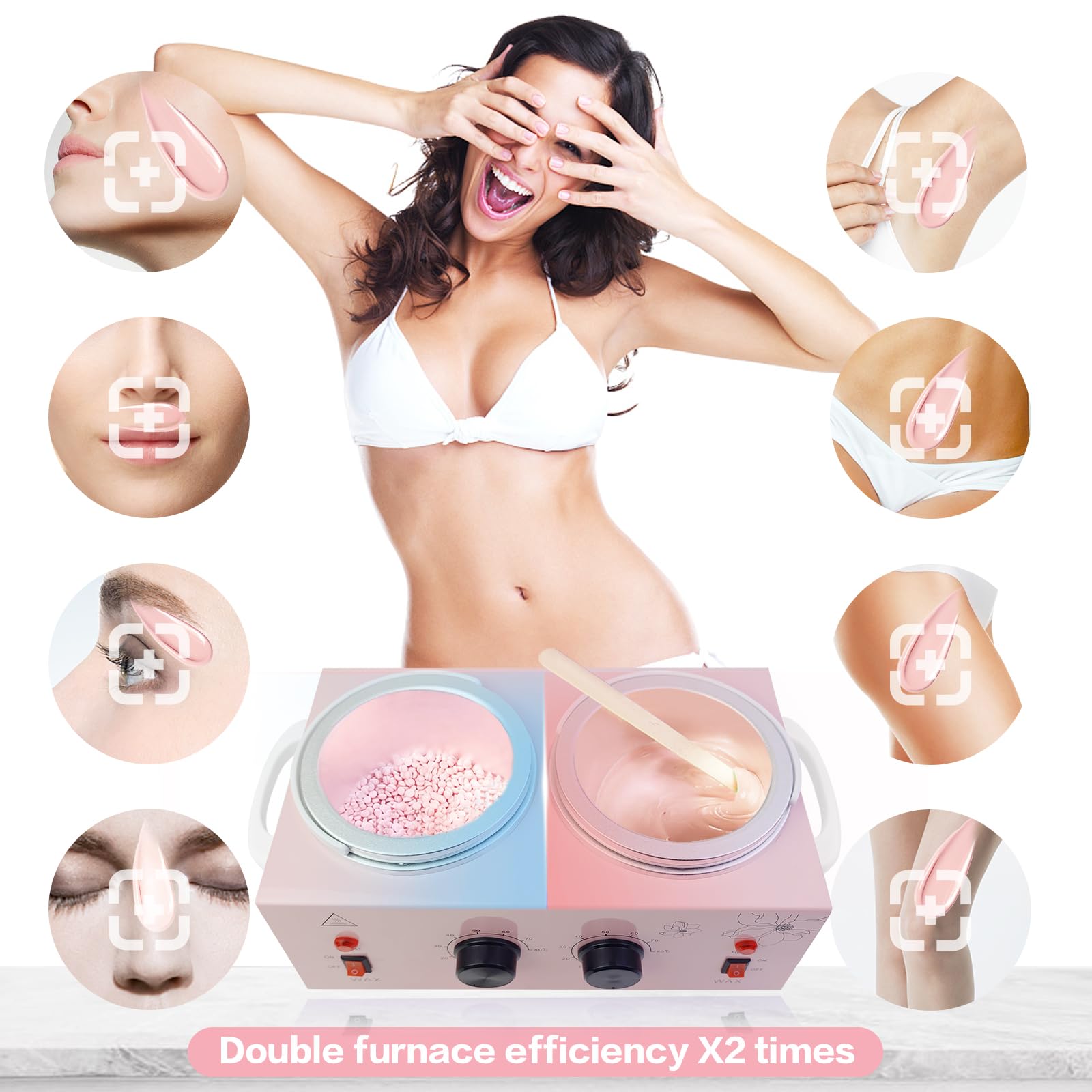 Chauffe-cire portable avec température réglable et 40 bâtons de cire - Épilation indolore pour homme et femme (rose - double pots)