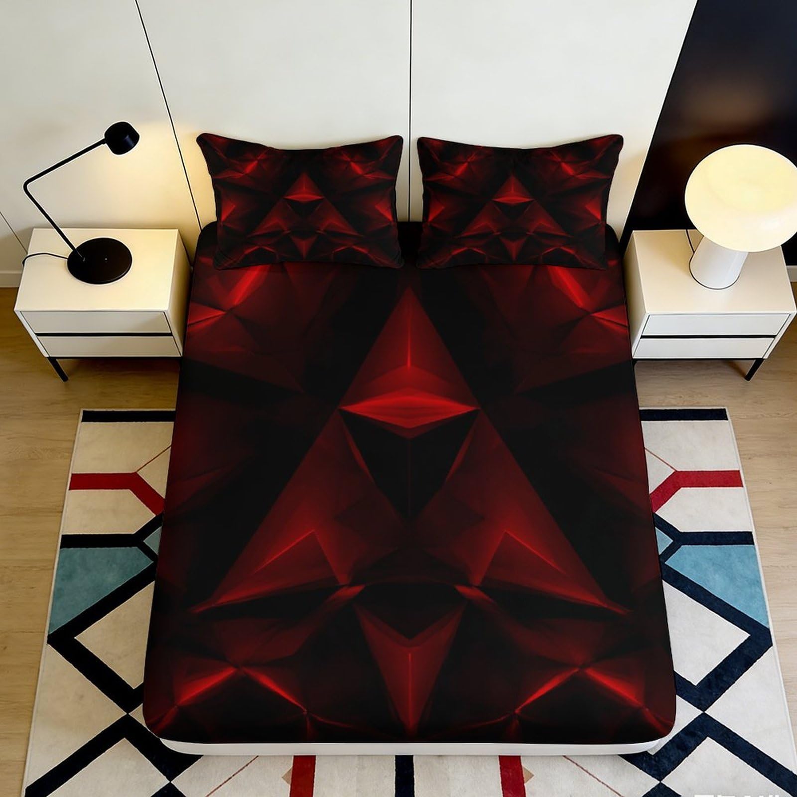 Jqzkxnhpbr Style-3 3D Printed Dark Geometric Fitted Sheet Microfiber Red Abstract Mattress Cover For Bedroom Dorm Room Decor 90X200x25cm