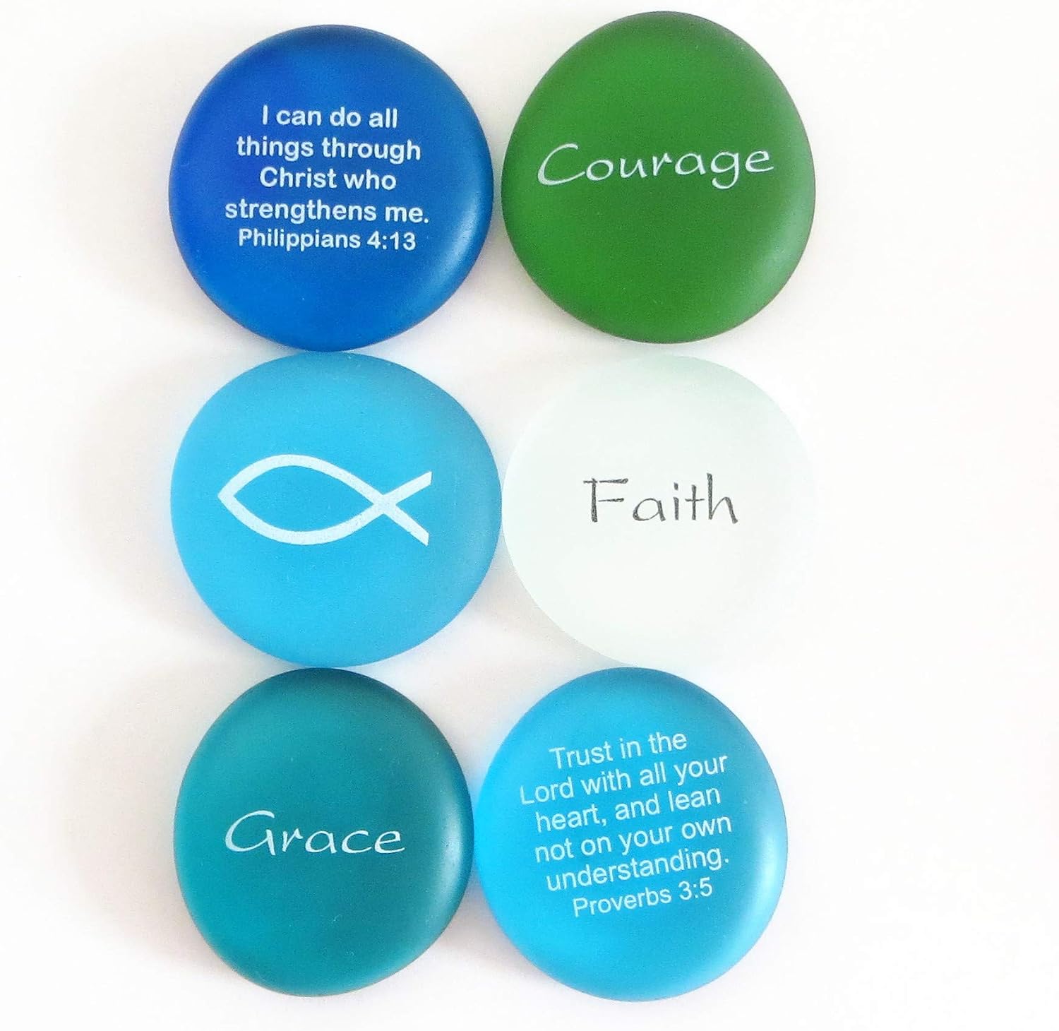 Lifeforce Glass The Glow of Faith Frosted, Scriptures and Expressions of Faith on Frosted Sea Glass Stones, Inc., Set I