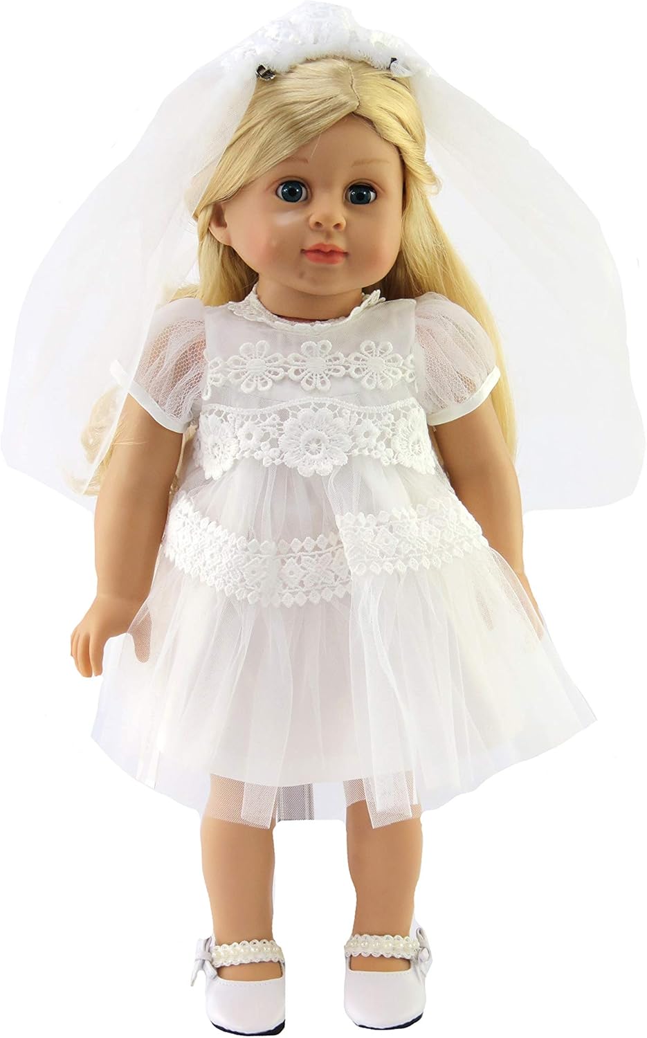 American Fashion World White Communion Dress Set for 18-Inch Dolls | Veil Included | Premium Quality & Trendy Design | Dolls Clothes | Outfit Fashions for Dolls for Popular Brands