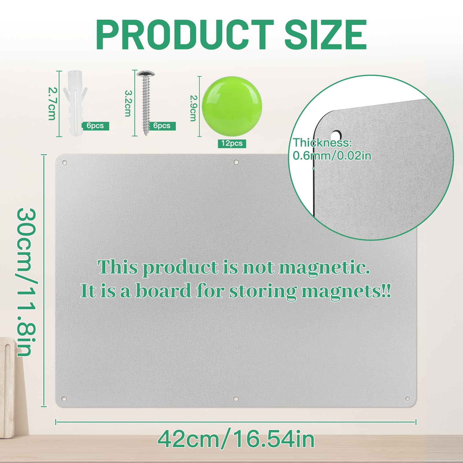 DBREAKS Pizarra Magnética de Pared, 42x30x0.08cm Tablero Magnetico, pizarra cocina con 12 Imanes, Quadro Magnetico de Metal, Pizarra Para Cocinas y Oficinas(Plateado)