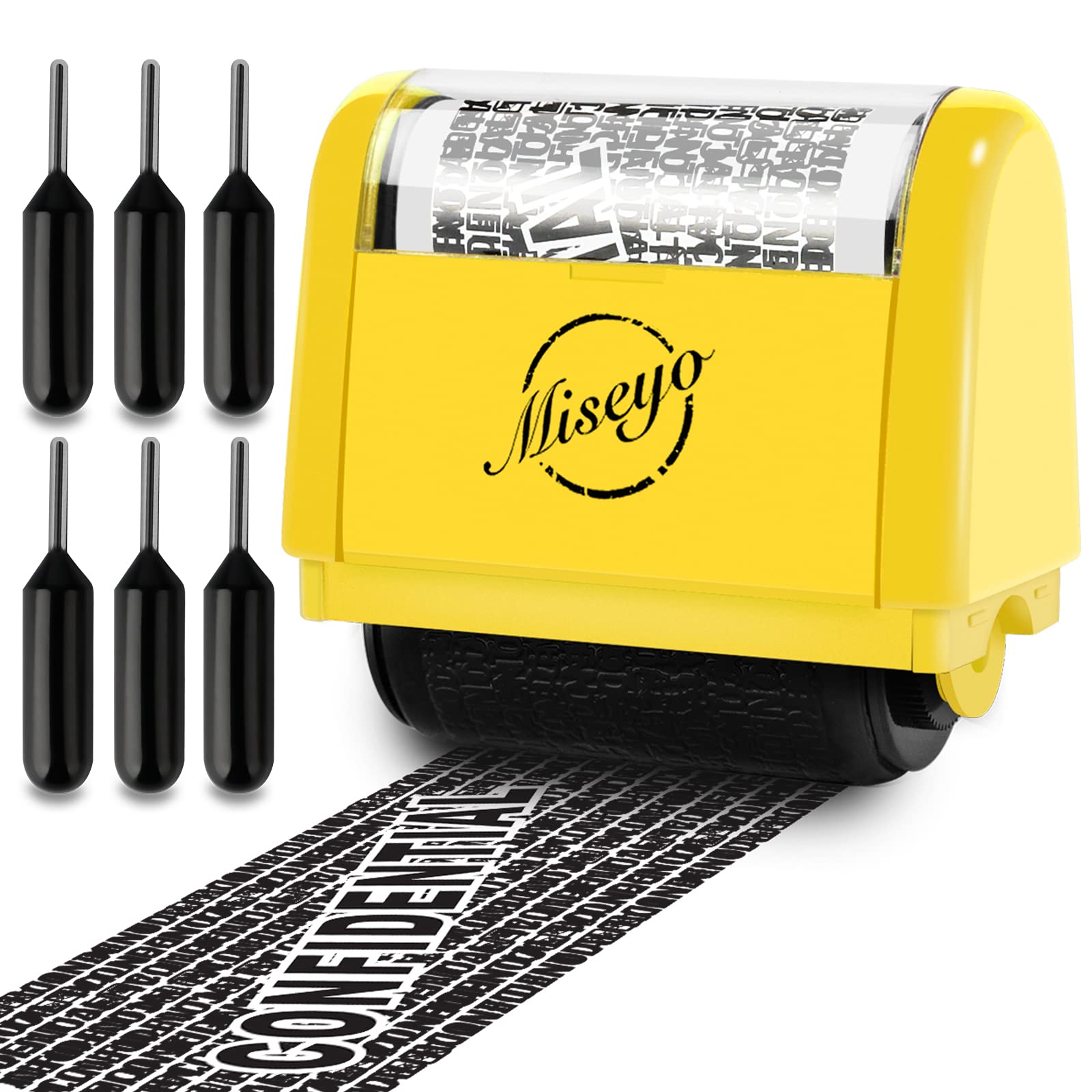 Miseyo Identity Theft Protection Roller Stamp Set - Yellow (6 Refill Ink Incleded)