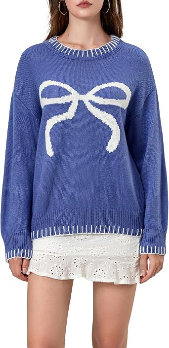 Women Y2K Coquette Bow Sweater Long Sleeve Crewneck Ribbon Pullover E Girl Aesthetic Sweatshirt Vintage Streetwear