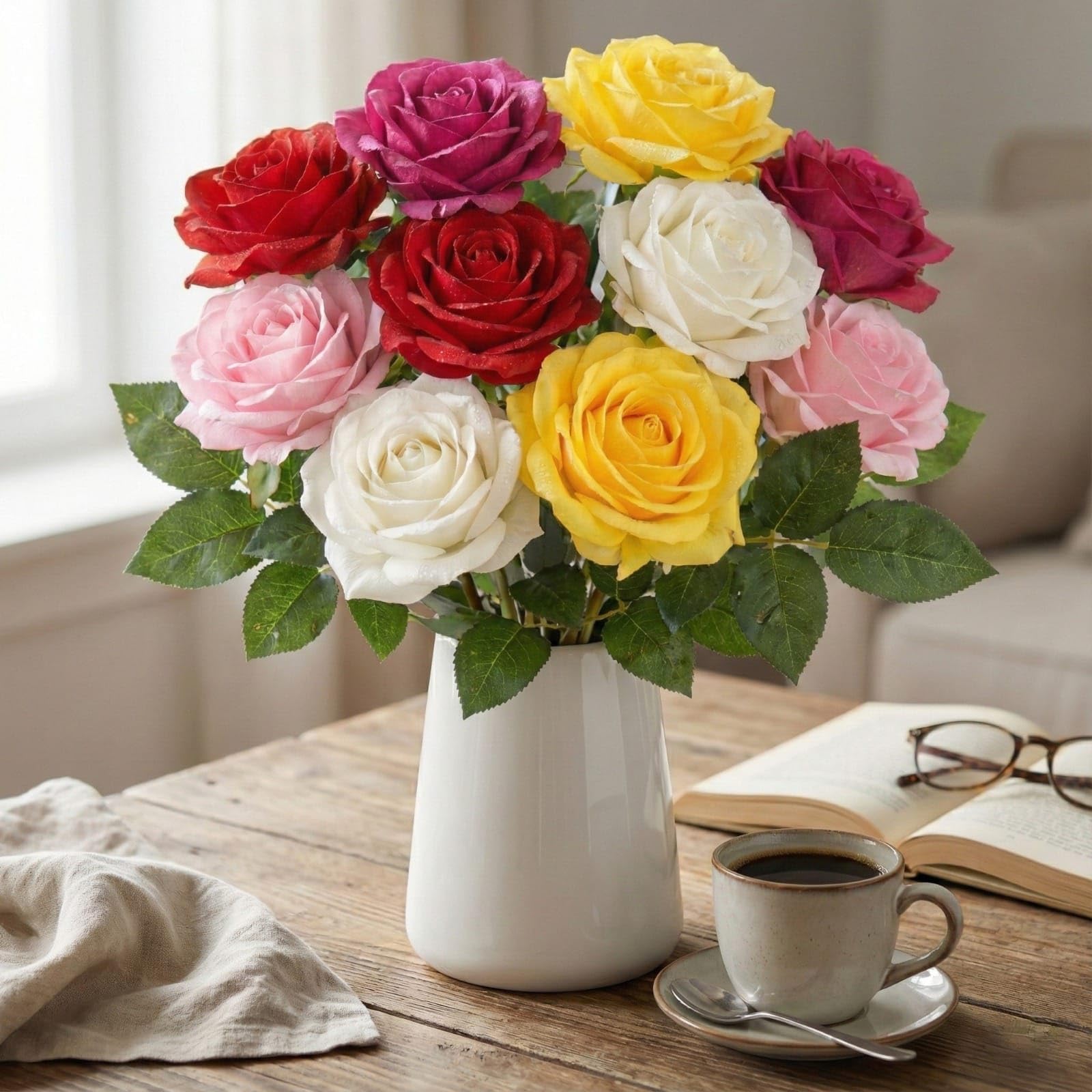 Dekorly Artificial Silk Rose Bouquet - 10 Long Stem Flowers -6 Dekorly Artificial Silk Rose Bouquet - 10 Long Stem Flowers -6