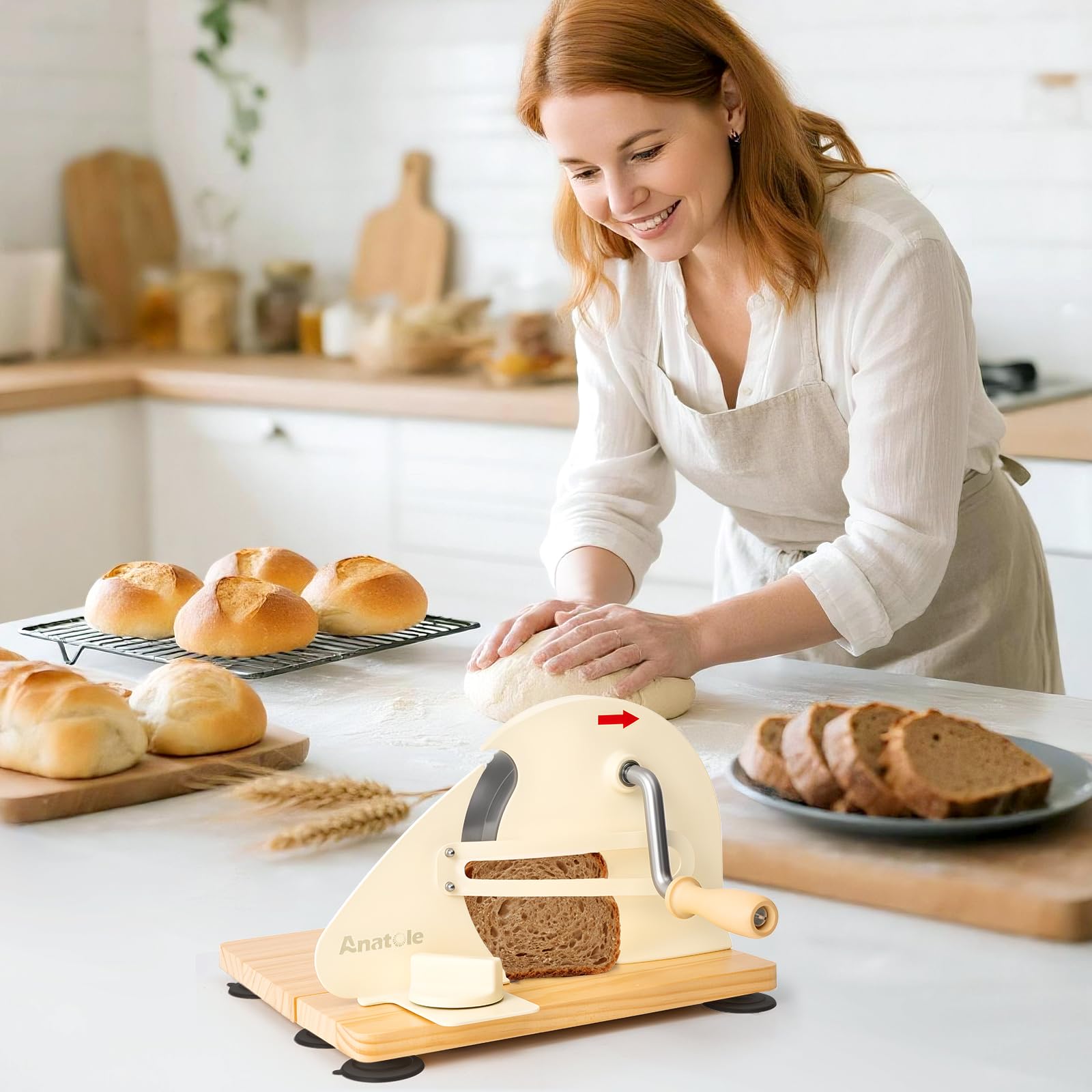 Anatole Affettatrice per Pane Manuale Pieghevole Acciaio Inox 0-20mm | Taglia Pane a Fette Professionale Piccola, 6 Ventose, Base&Manovella in Legno, Guida Metallica Rimovibile, per Toast Baguette