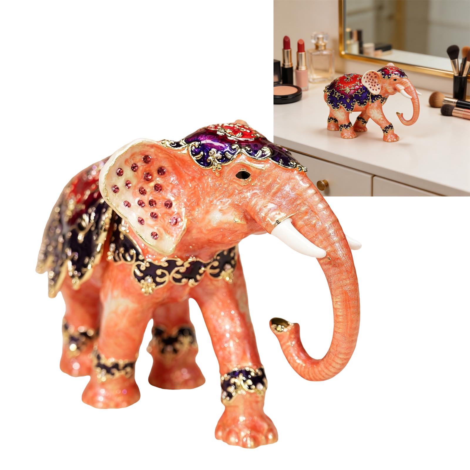 Caja de soporte para anillos con forma de elefante de aleación resistente, adornada con diamantes, elegante estuche de almacenamiento para collares