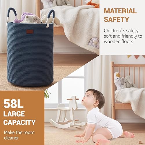 Miniatura 5 de Cesta de lavandería de cuerda tejida con asas, cesta de almacenamiento decorativa grande para ropa y mantas en la sala de estar, 15 x 20 pulgadas,