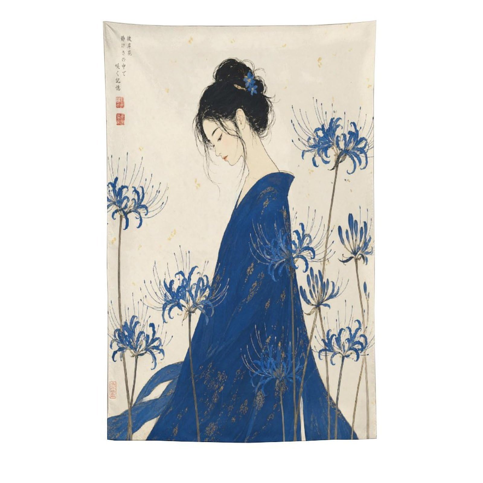 W7C8U2X3 Blue Kimono Woman Wall Tapestry, Ukiyo-e Style, Entryway