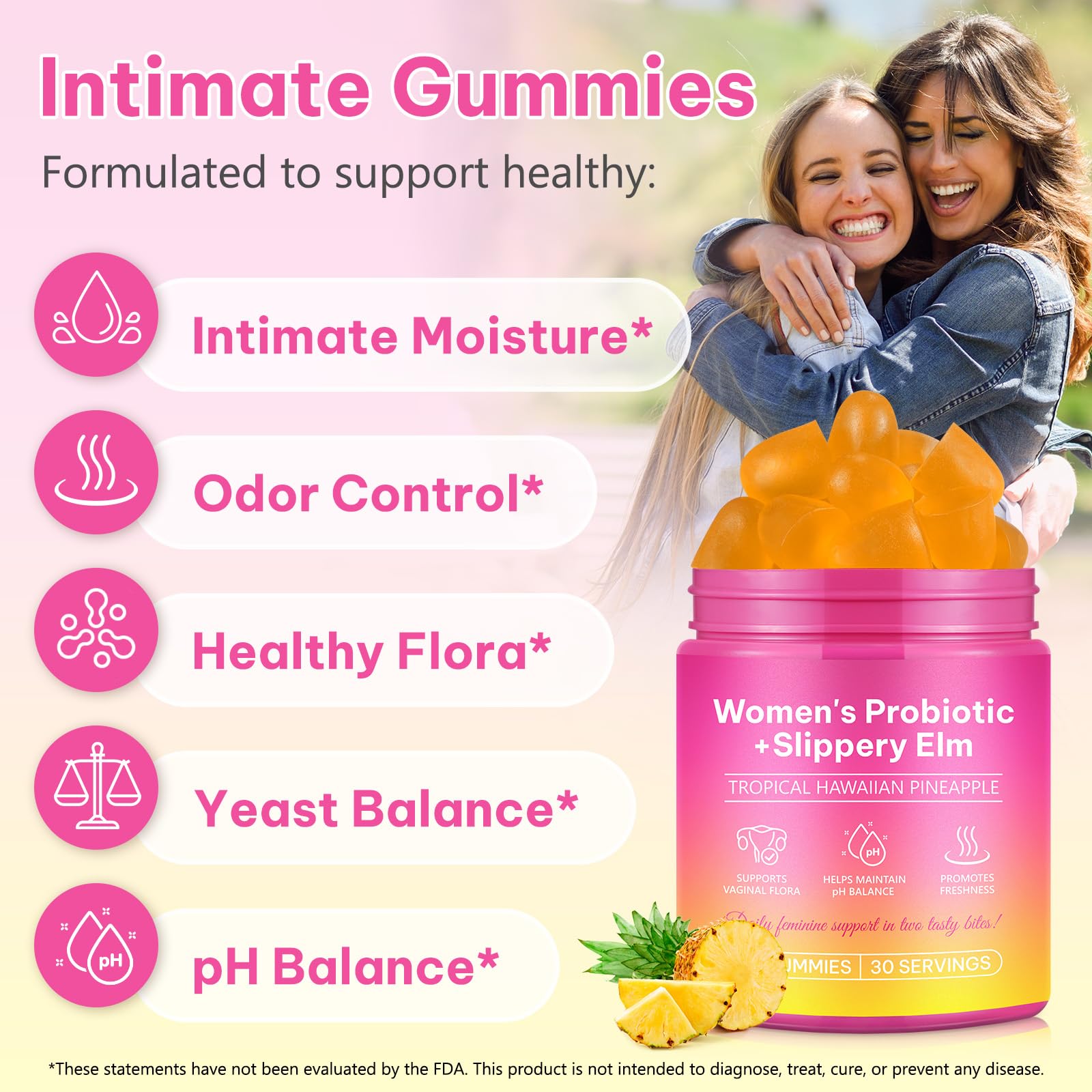 Probiotiques Gummies pour Femmes, Soutien de la Santé Intime et Digestive Grâce aux Prébiotiques, équilibre du pH, Système Immunitaire et Intestinal | Végan, Sans Gluten, Arôme Ananas, 60 Gummies