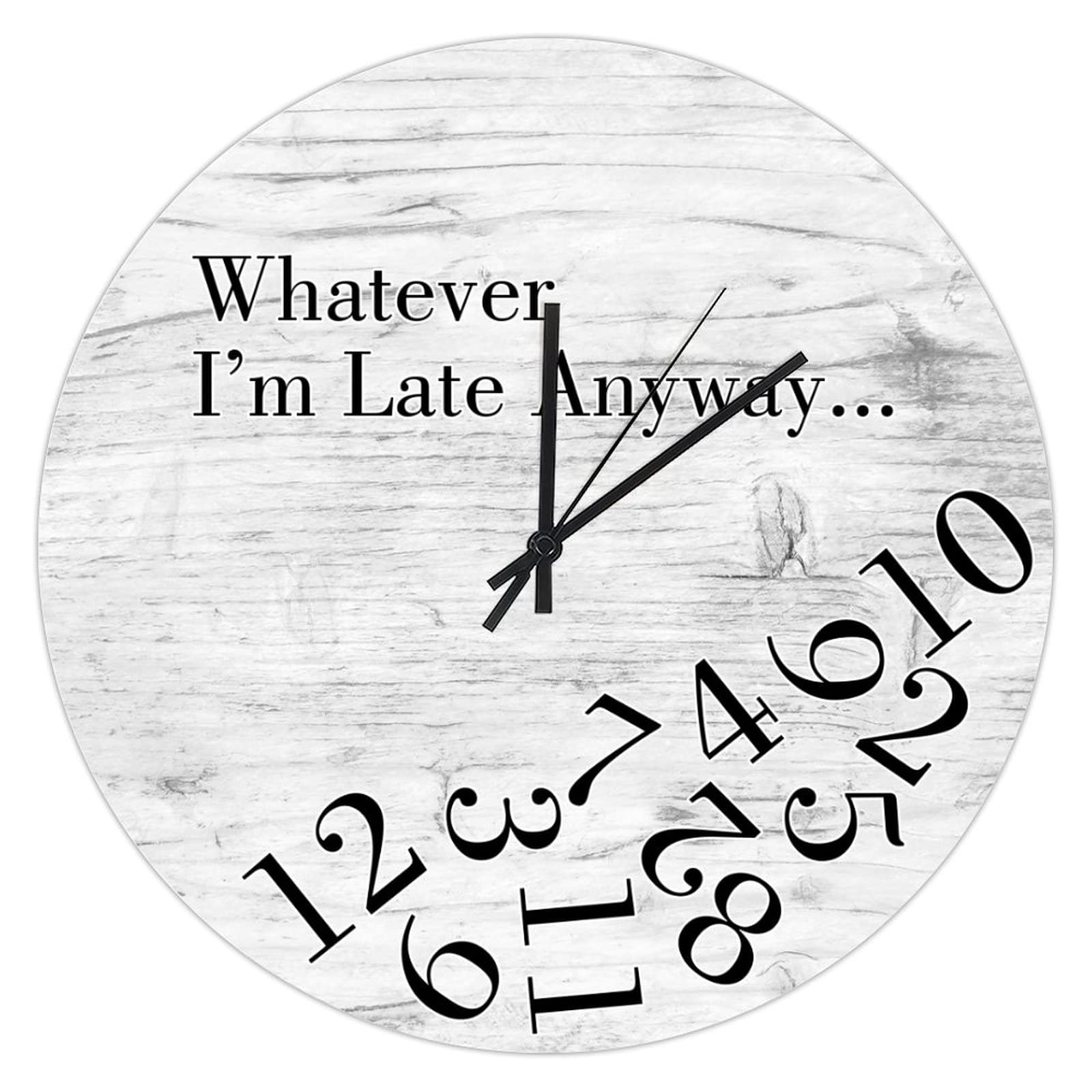 UFunhome 10-Inch Round Wooden Clock - Time Whatever I'm Late Anyway Battery Operated Silent Non Ticking Wood Texture Wall Clock Vintage Decoration for