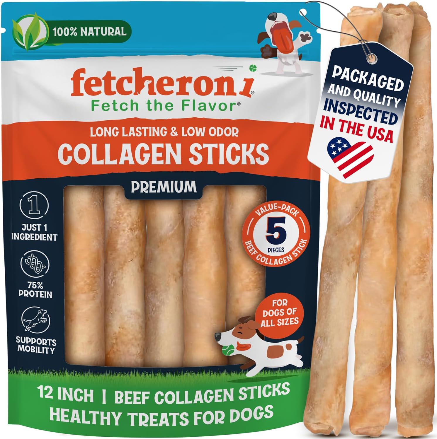 12" Collagen Sticks for Dogs – Low Odor Long-Lasting Bully Stick & Rawhide Alternative, Single Ingredient Beef Bone, High Protein Dental Treat, Vet Approved, Improves Joint Health – 5 Pack