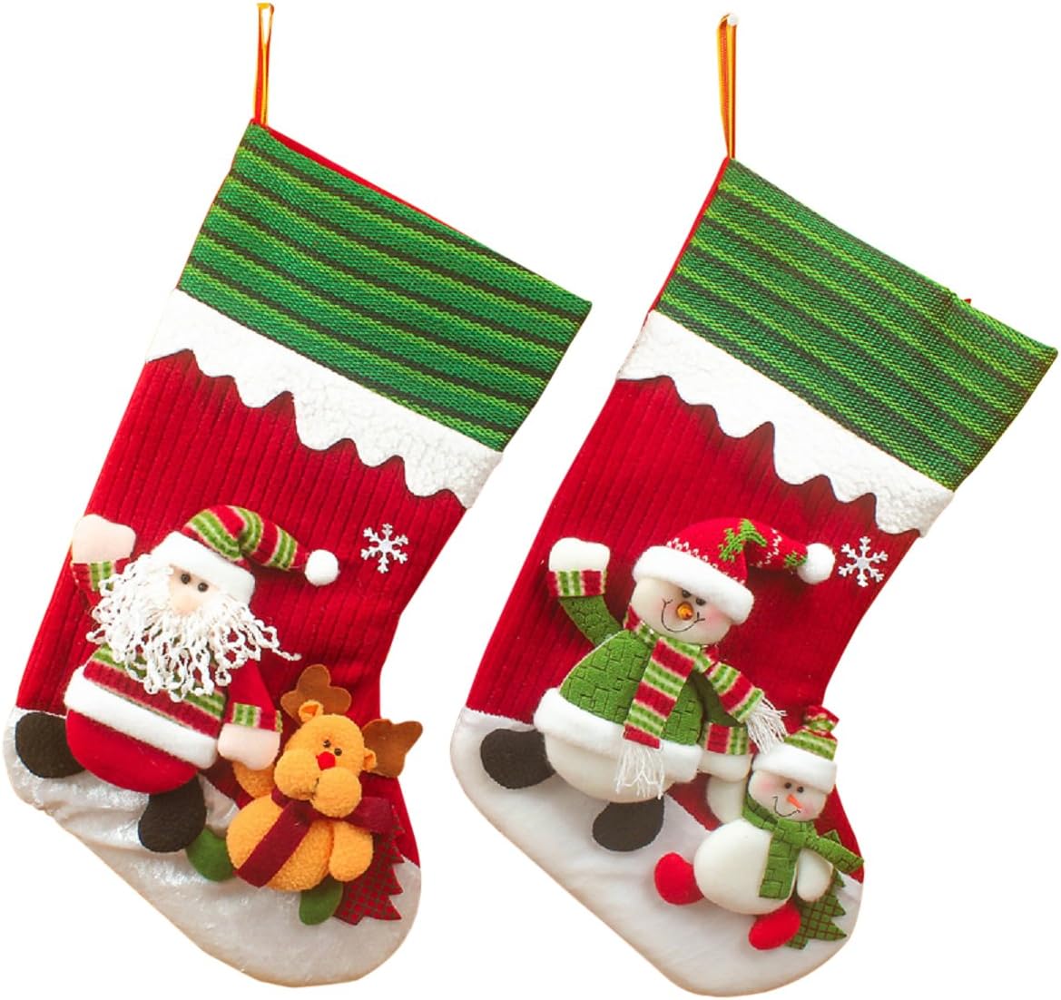 20" (2 Pack) Plush 3D Applique Style Felt Christmas Stockings, Adorable Detailed Designs, Embroidered Edges, Hanging Loops, Includes Santa and Snowman