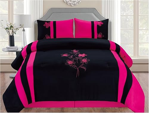 Empire Home Fashion & Furtniture Juego de edredón bordado floral rosa y negro, juego completo de ropa de cama con juego de sábanas (matrimonial)
