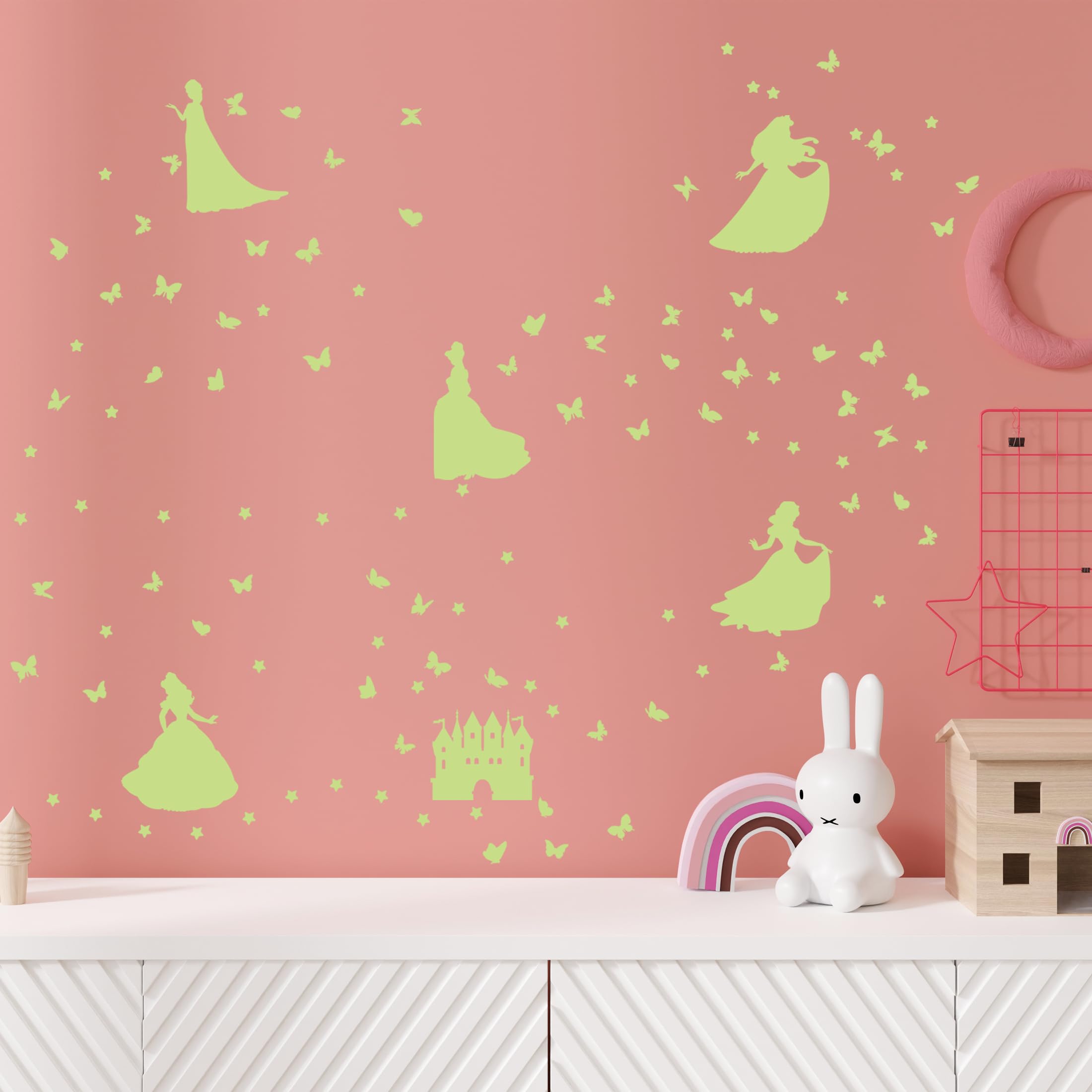 Adhesivo de pared que brilla en la oscuridad, diseño de castillo de princesa, estrella y mariposa, para habitación de niña, calcomanía fluorescente para techo y guardería (verde)
