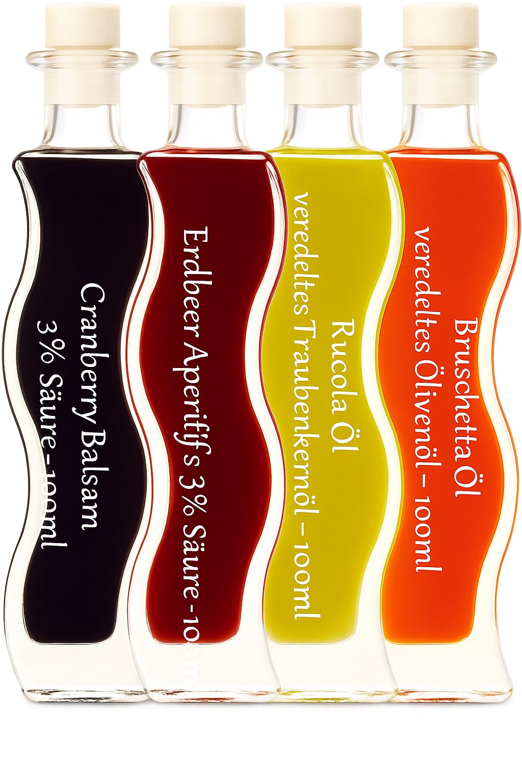 Feinkost Essig & Öl Set – 4er [4x100ml] Geschenkset mit Cranberry Balsam, Erdbeer Aperitif, Rucola Öl & Bruschetta Öl – Edle Gourmet Flaschen für Salate, Antipasti & Küche – Geschenkidee für Genießer