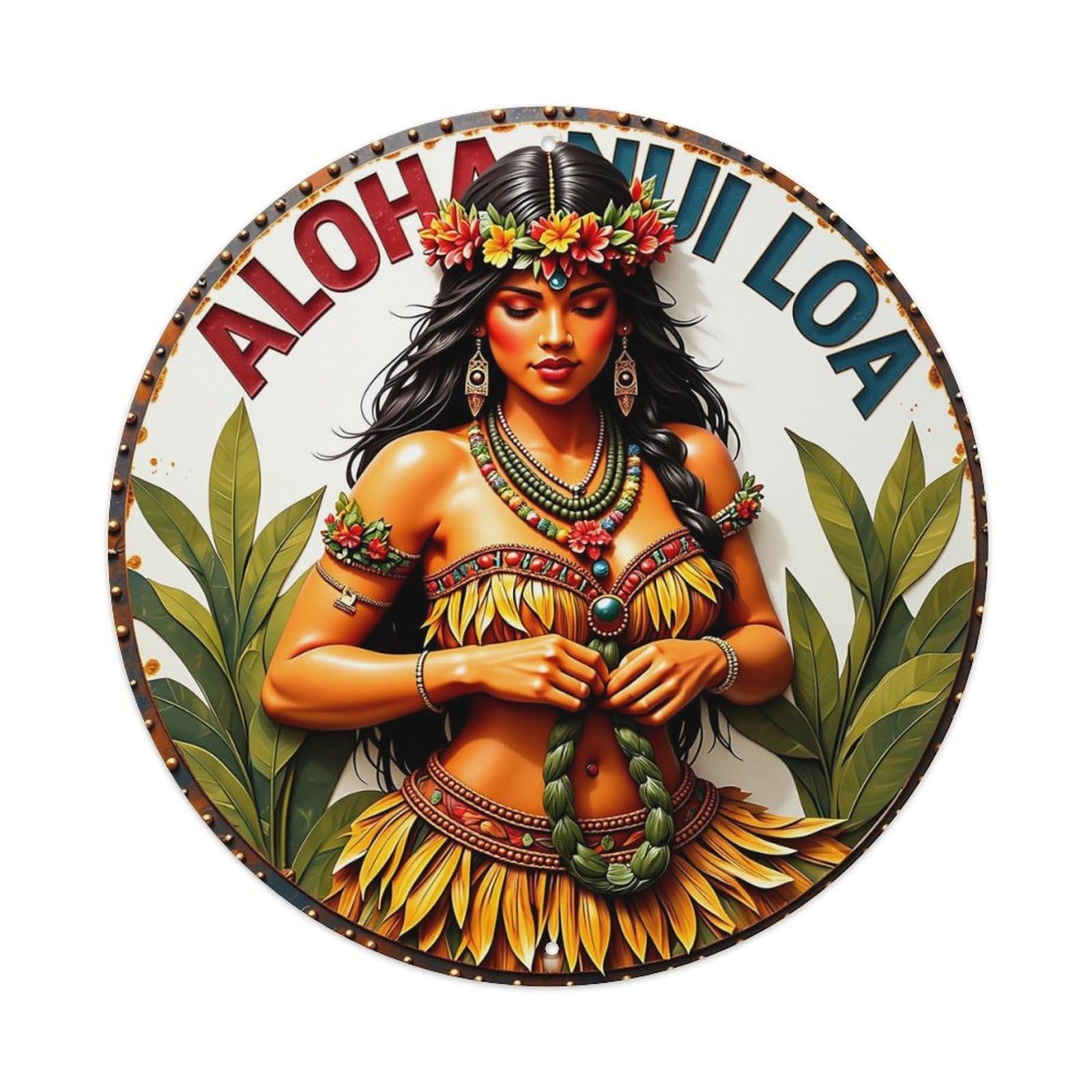 Jdyaojiesheng Vintage Hawaiian Woman With Flowers And Leaves Round Tin Sign Retro Metal Wall Decor Metal Poster, Home Bar Garage Farmhouse Cafe Wall Art Decoration 8X8inch