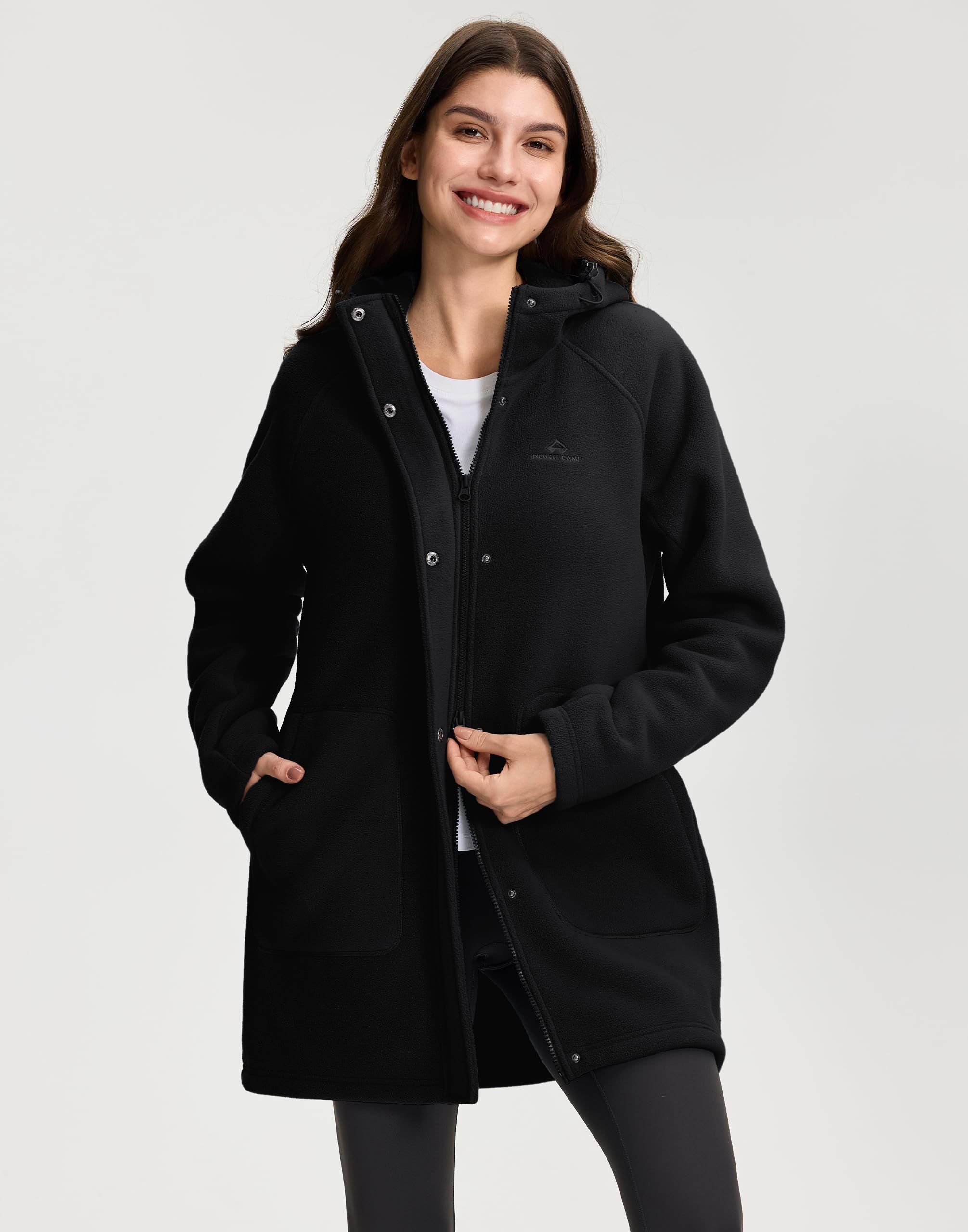 Pioneer Camp Fleecejacke Damen Lang Gefütterte Jacke Dicke Warme 400g Hoodie Jacke Full-Zip Kapuzenpullover Mantel mit Kapuze Antistatische Mäntel Herbst Winterjacke (Fällt groß aus)