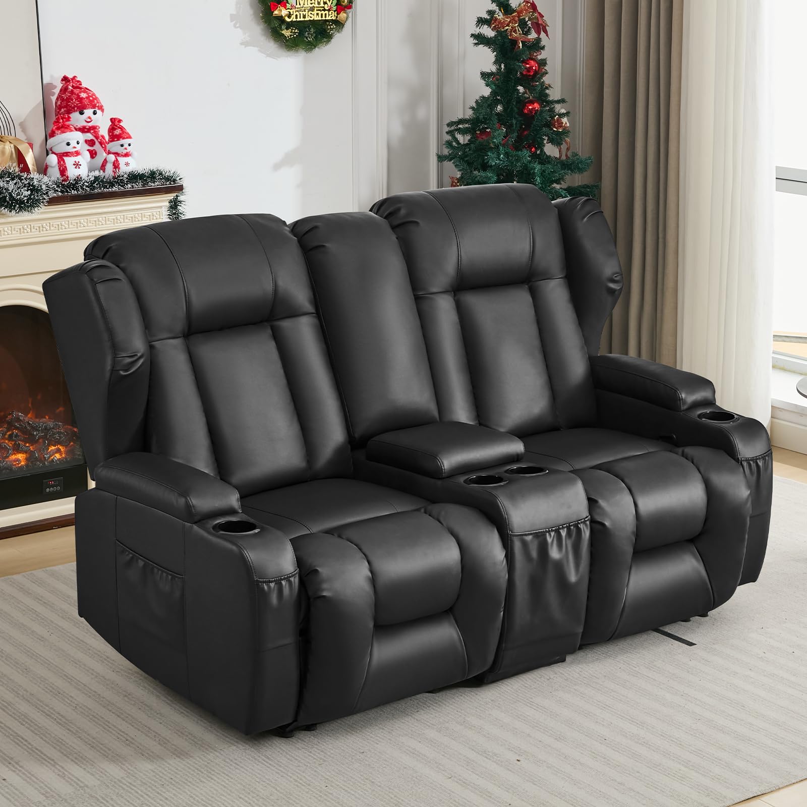 SAMERY 65.5" RV Loveseat Recliner Double Recliner RV Sofa &amp; Console | Wall Hugger Loveseat Reclining RV | RV Theater Seats | RV Couch | RV Home Theater Seating Furniture (Faux Leather Black)