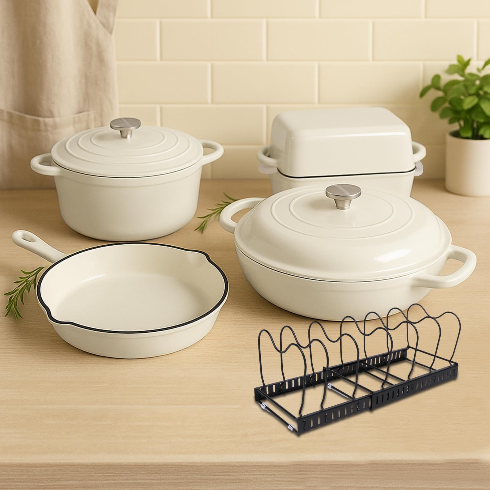 GFTIME Set di pentole in ghisa, 5 pezzi, 2,3 QT, casseruola olandese da 4,7 QT, padella da 28 cm, teglia per pane – Versatili pentole e padelle in ghisa smaltata resistenti al forno